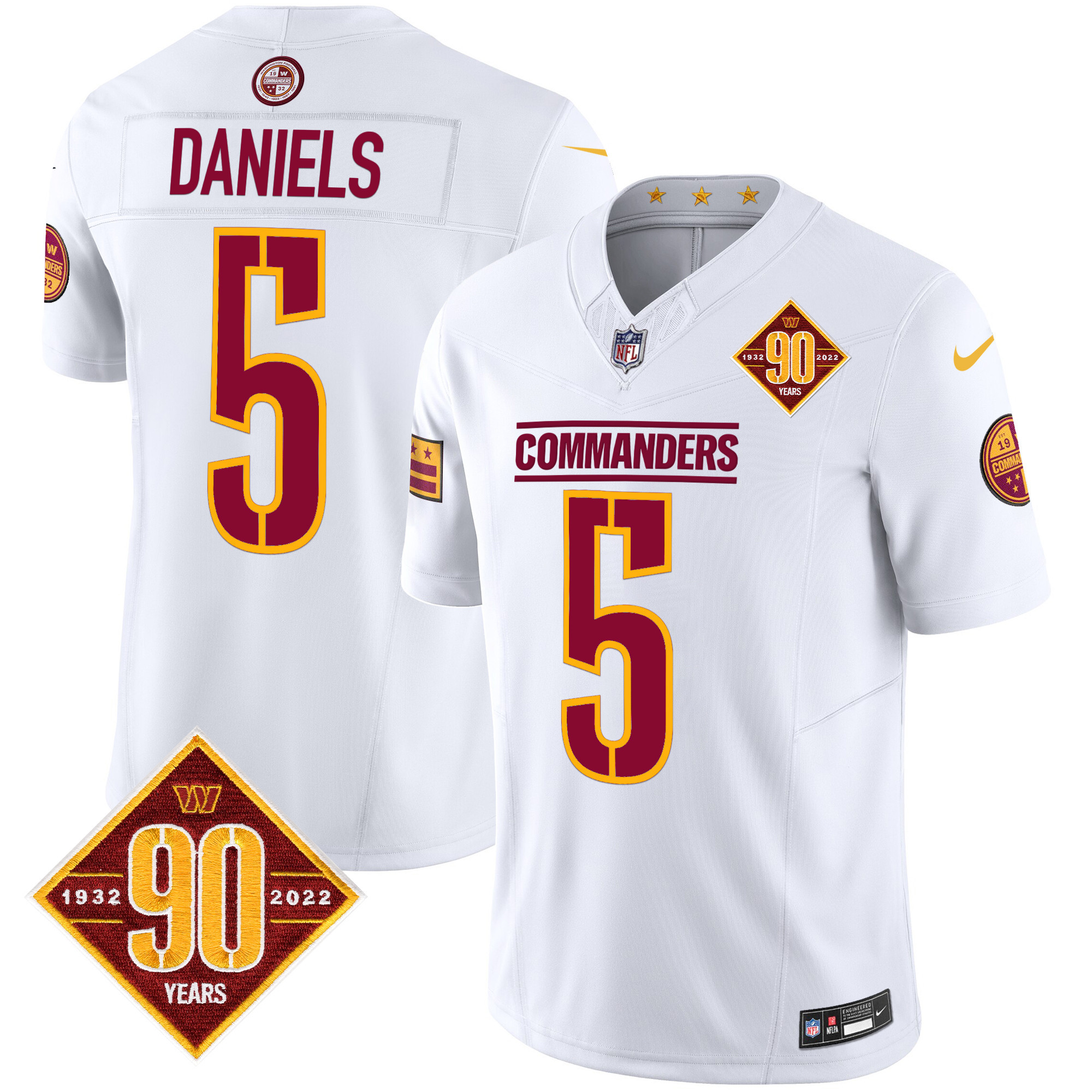 Jayden Daniels Men's Washington Commanders 90th Anniversary Patch Vapor Limited White Jersey - All Stitched