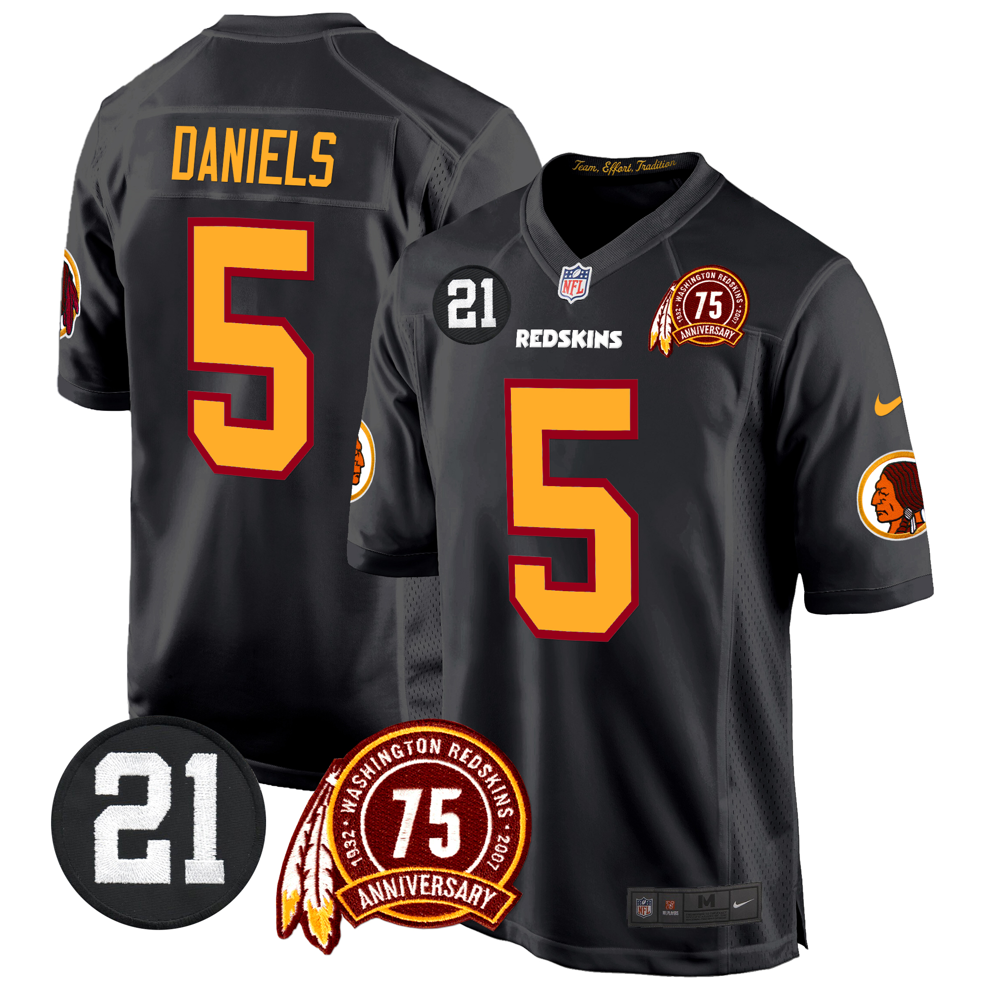 Jayden Daniels Men's Washington Redskins 75th & Sean Taylor Patch Game Black Jersey - All Stitched