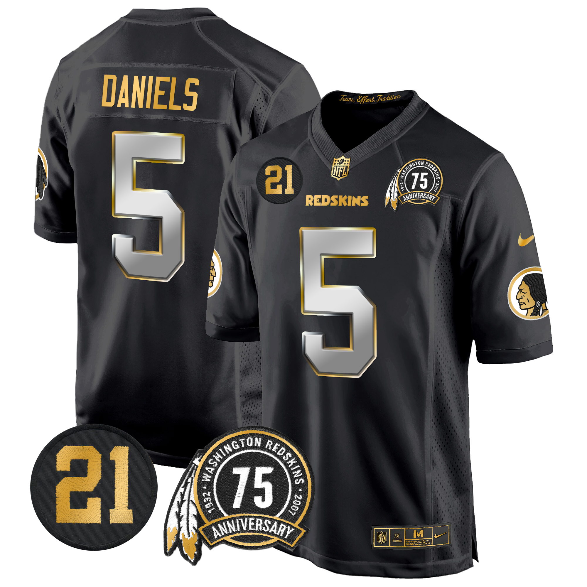 Jayden Daniels Men's Washington Redskins 75th & Sean Taylor Patch Gold Game Black Limited Jersey - All Stitched