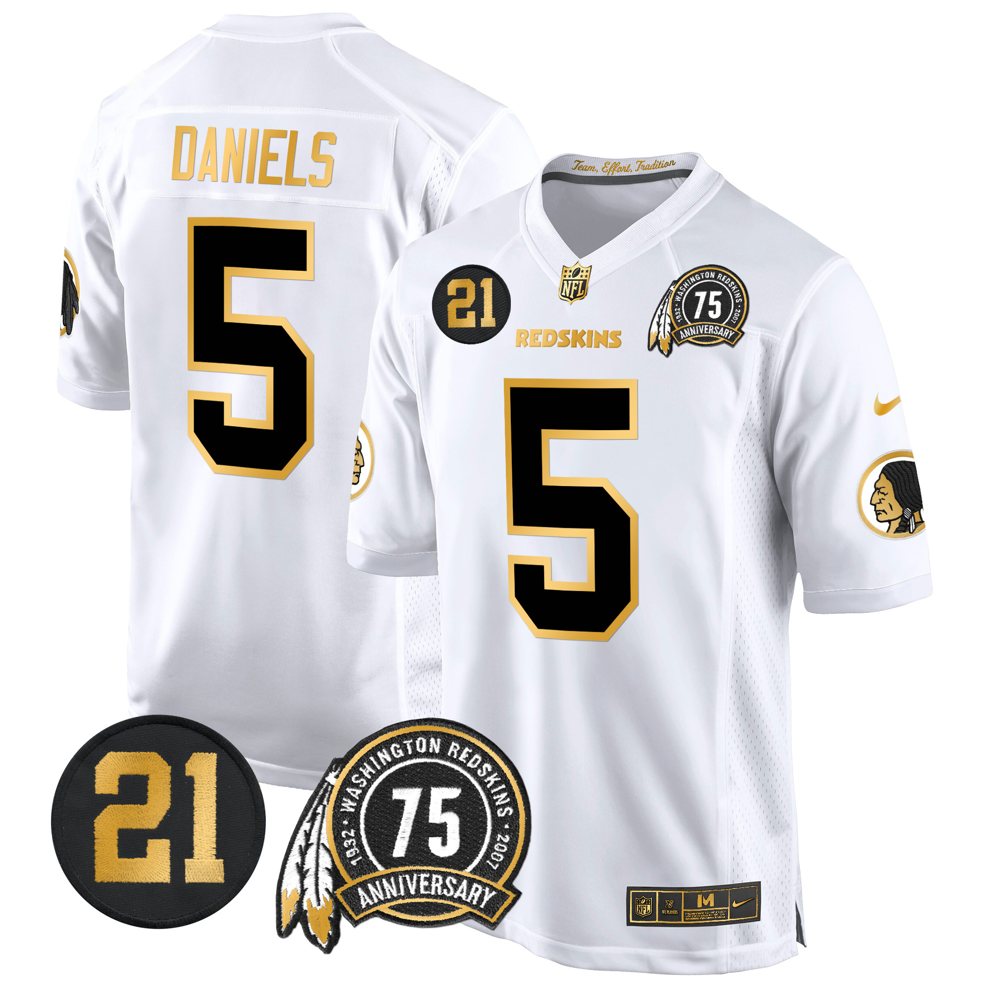 Jayden Daniels Men's Washington Redskins 75th & Sean Taylor Patch Gold Game White Gold Jersey - All Stitched