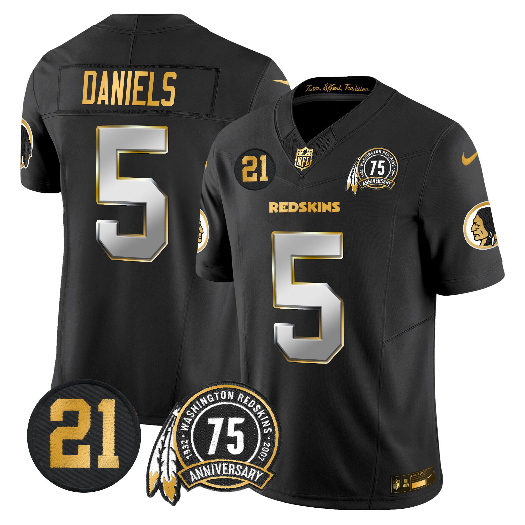 Jayden Daniels Men's Washington Redskins 75th & Sean Taylor Patch Gold Vapor Limited Black Limited Jersey - All Stitched