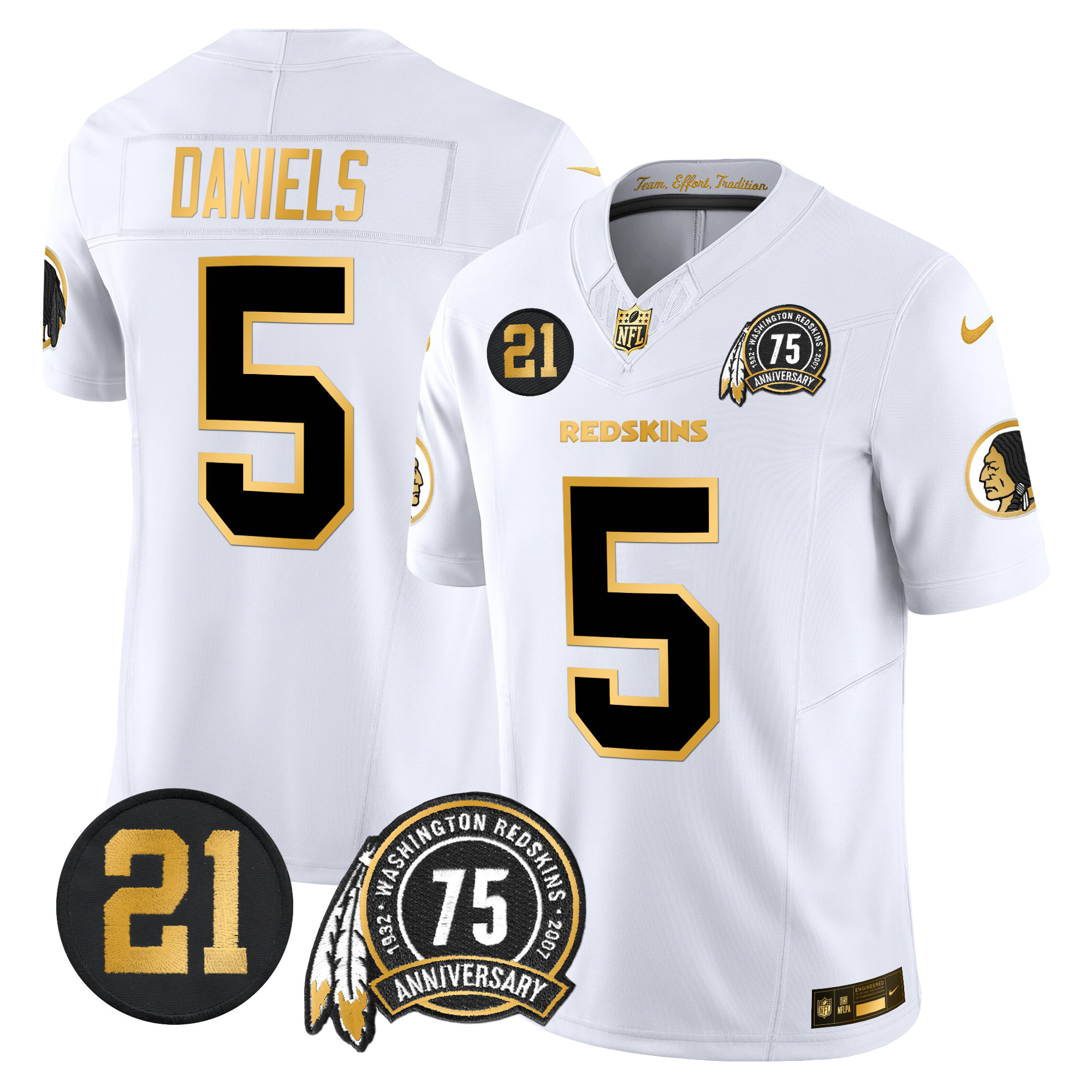 Jayden Daniels Men's Washington Redskins 75th & Sean Taylor Patch Gold Vapor Limited White Gold Jersey - All Stitched