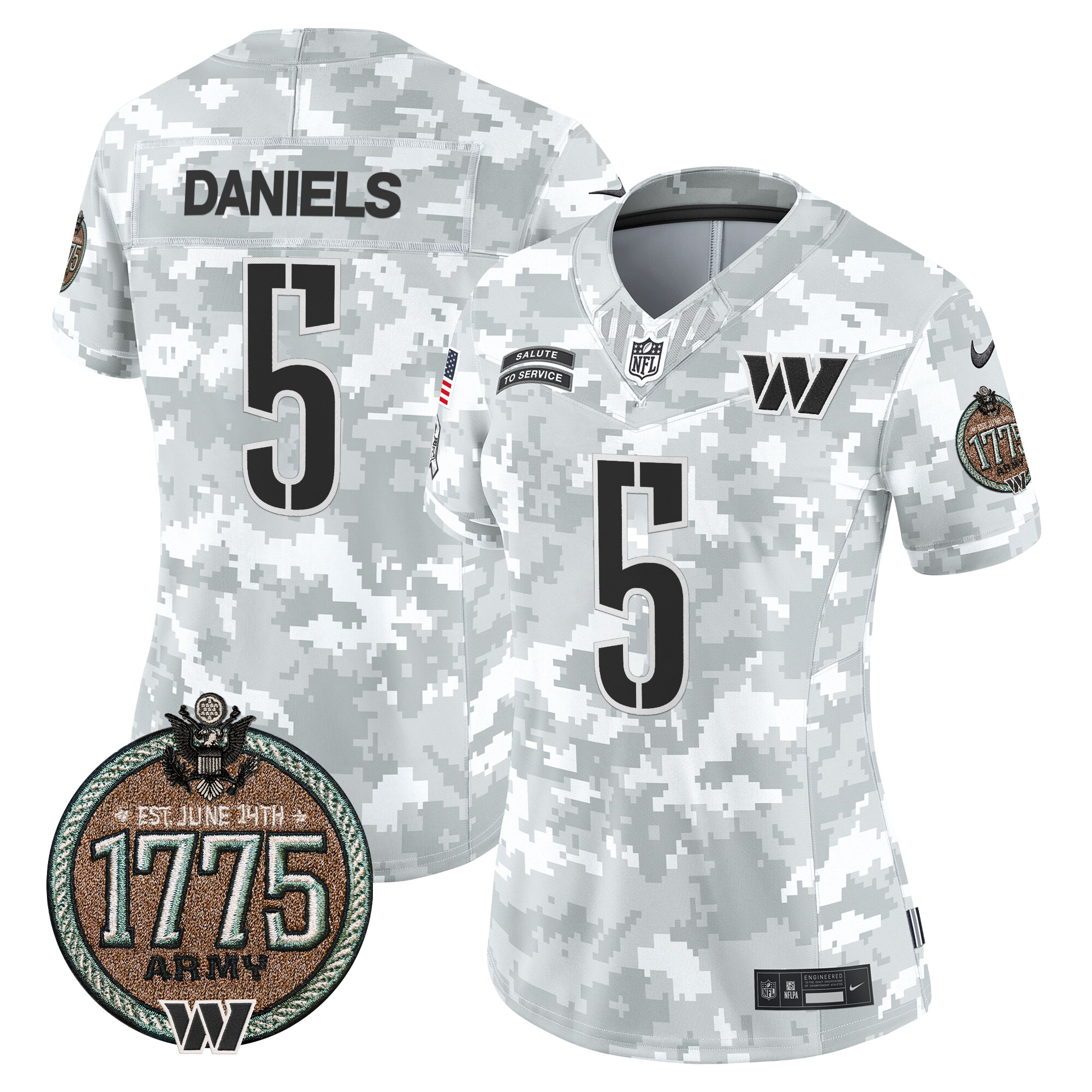 Jayden Daniels Women's Washington Commanders 2024 Salute to Service Establishment Year Patch Vapor Limited Army Jersey - All Stitched