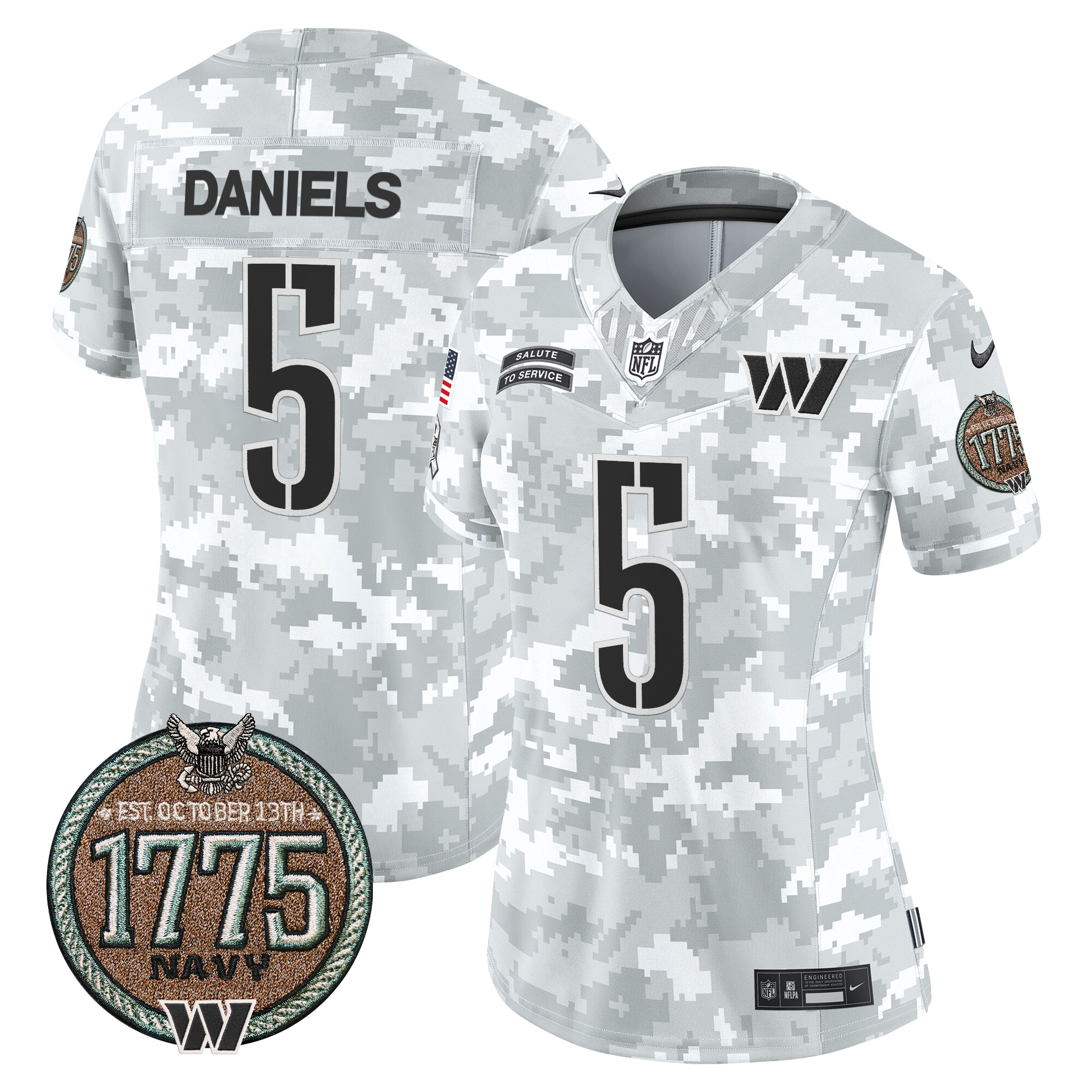 Jayden Daniels Women's Washington Commanders 2024 Salute to Service Establishment Year Patch Vapor Limited Navy Jersey - All Stitched