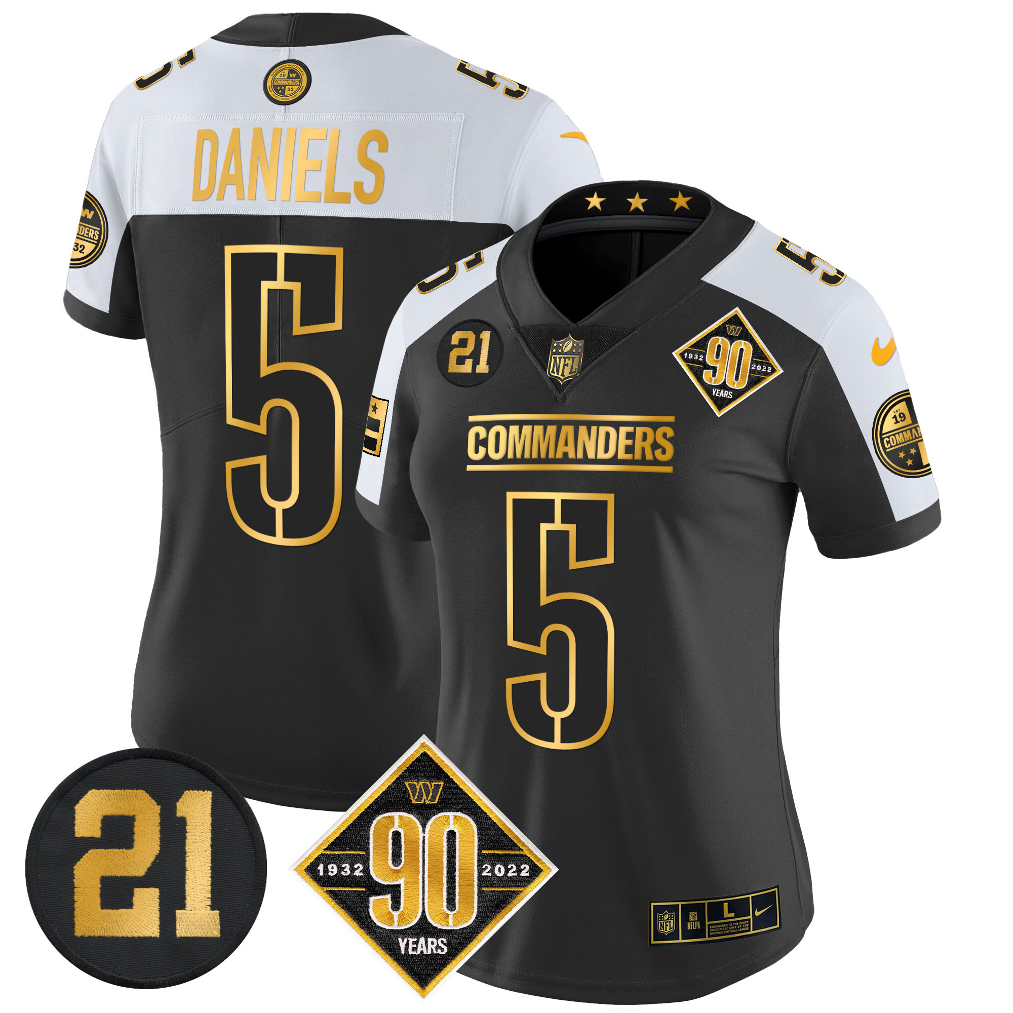 Jayden Daniels Women's Washington Commanders 90th & Sean Taylor Patch Gold Vapor Limited Alternate Jersey - All Stitched