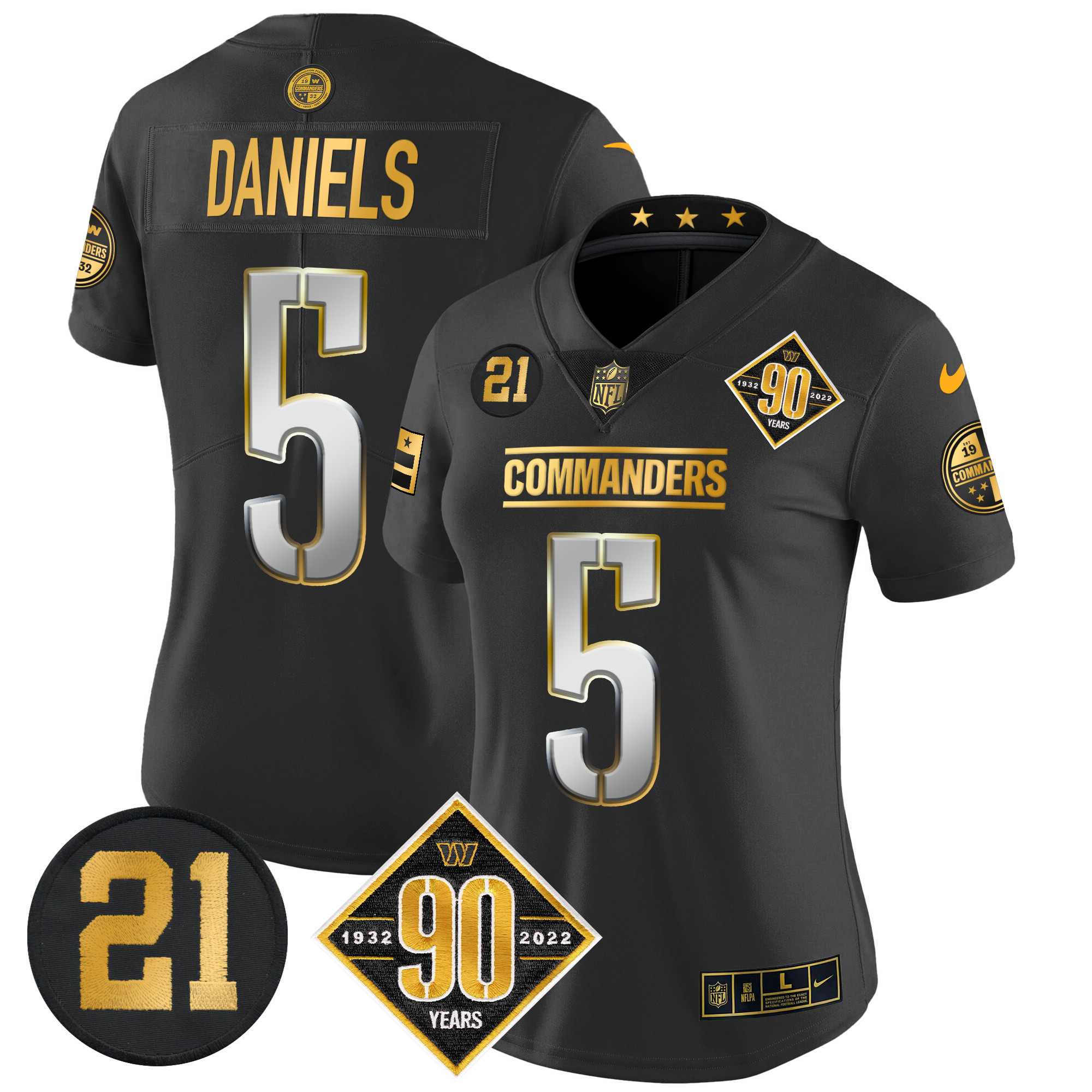 Jayden Daniels Women's Washington Commanders 90th & Sean Taylor Patch Gold Vapor Limited Black Limited Jersey - All Stitched