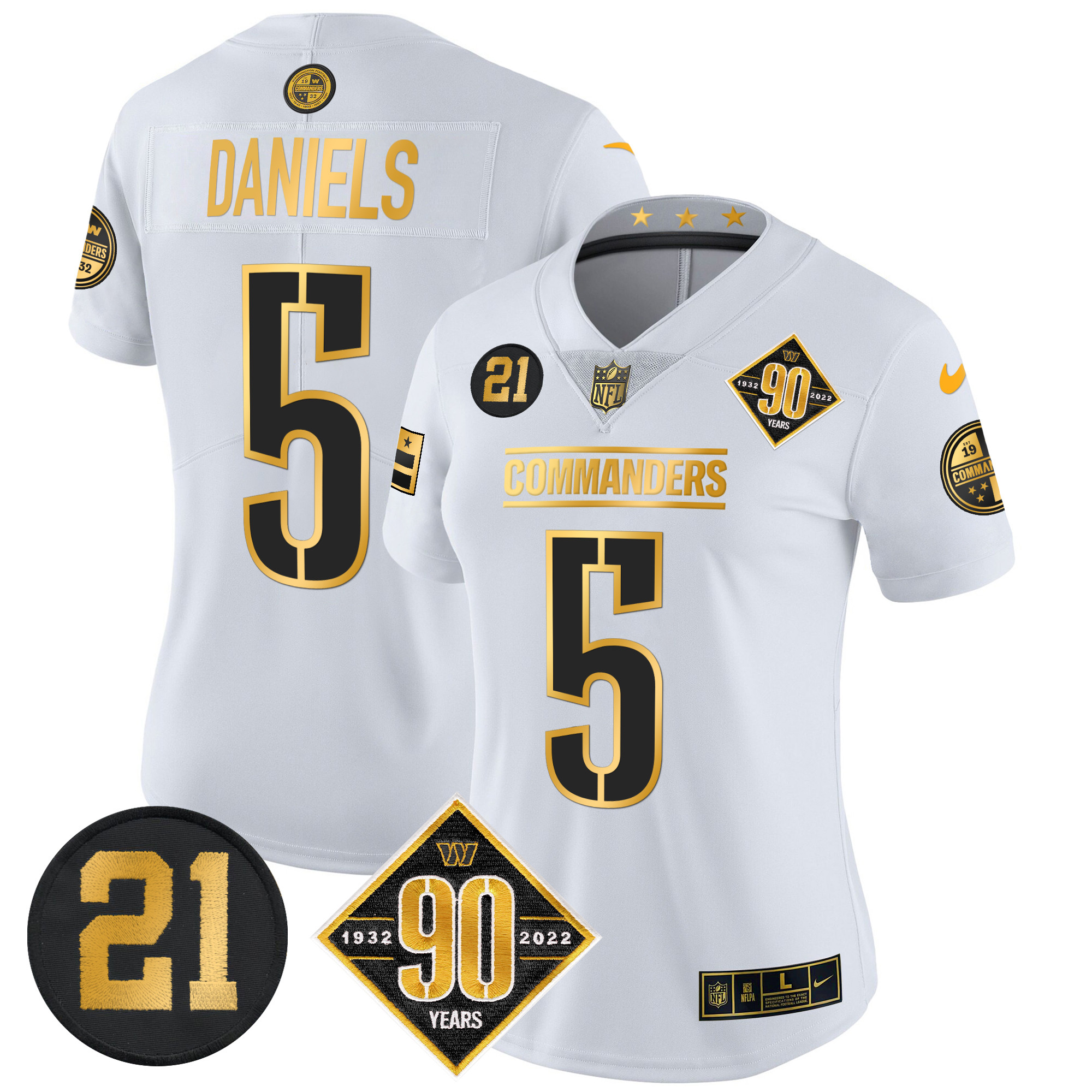 Jayden Daniels Women's Washington Commanders 90th & Sean Taylor Patch Gold Vapor Limited White Gold Jersey - All Stitched