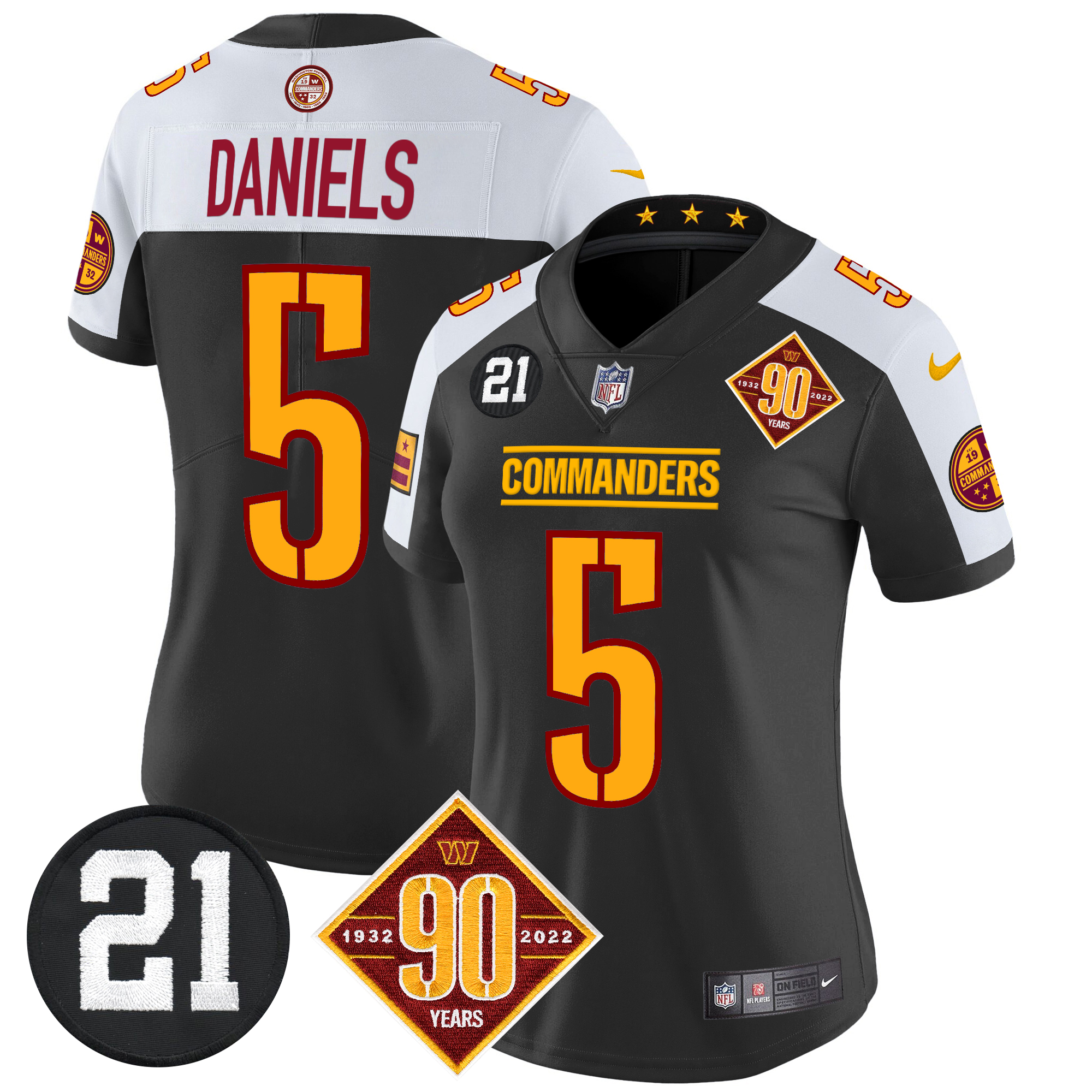 Jayden Daniels Women's Washington Commanders 90th & Sean Taylor Patch Vapor Limited Black Alternate Jersey - All Stitched