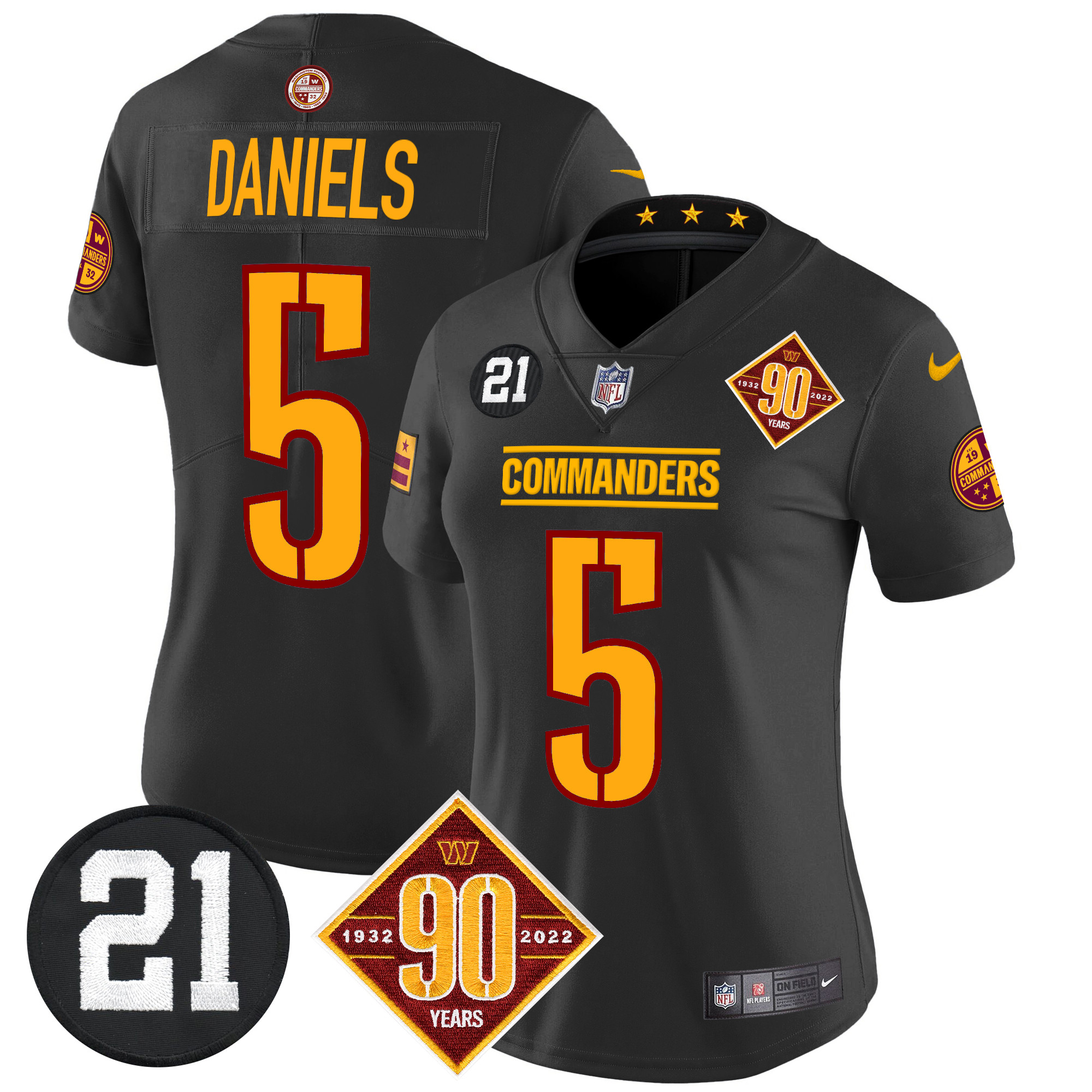 Jayden Daniels Women's Washington Commanders 90th & Sean Taylor Patch Vapor Limited Black Jersey - All Stitched
