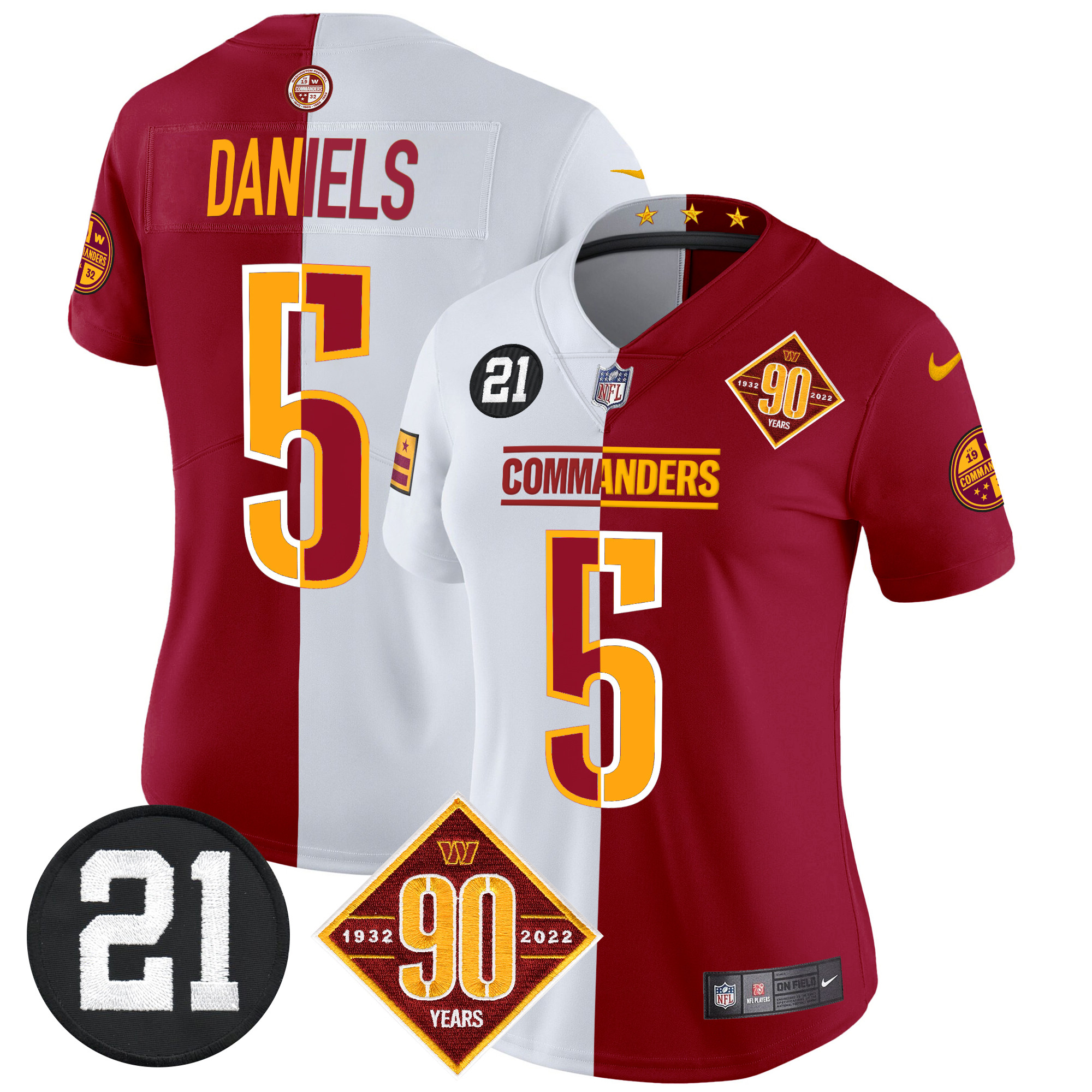 Jayden Daniels Women's Washington Commanders 90th & Sean Taylor Patch Vapor Limited Half Jersey - All Stitched