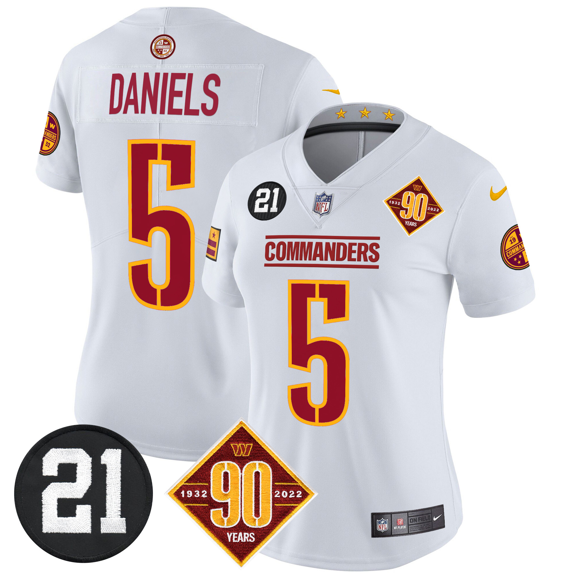 Jayden Daniels Women's Washington Commanders 90th & Sean Taylor Patch Vapor Limited White Jersey - All Stitched