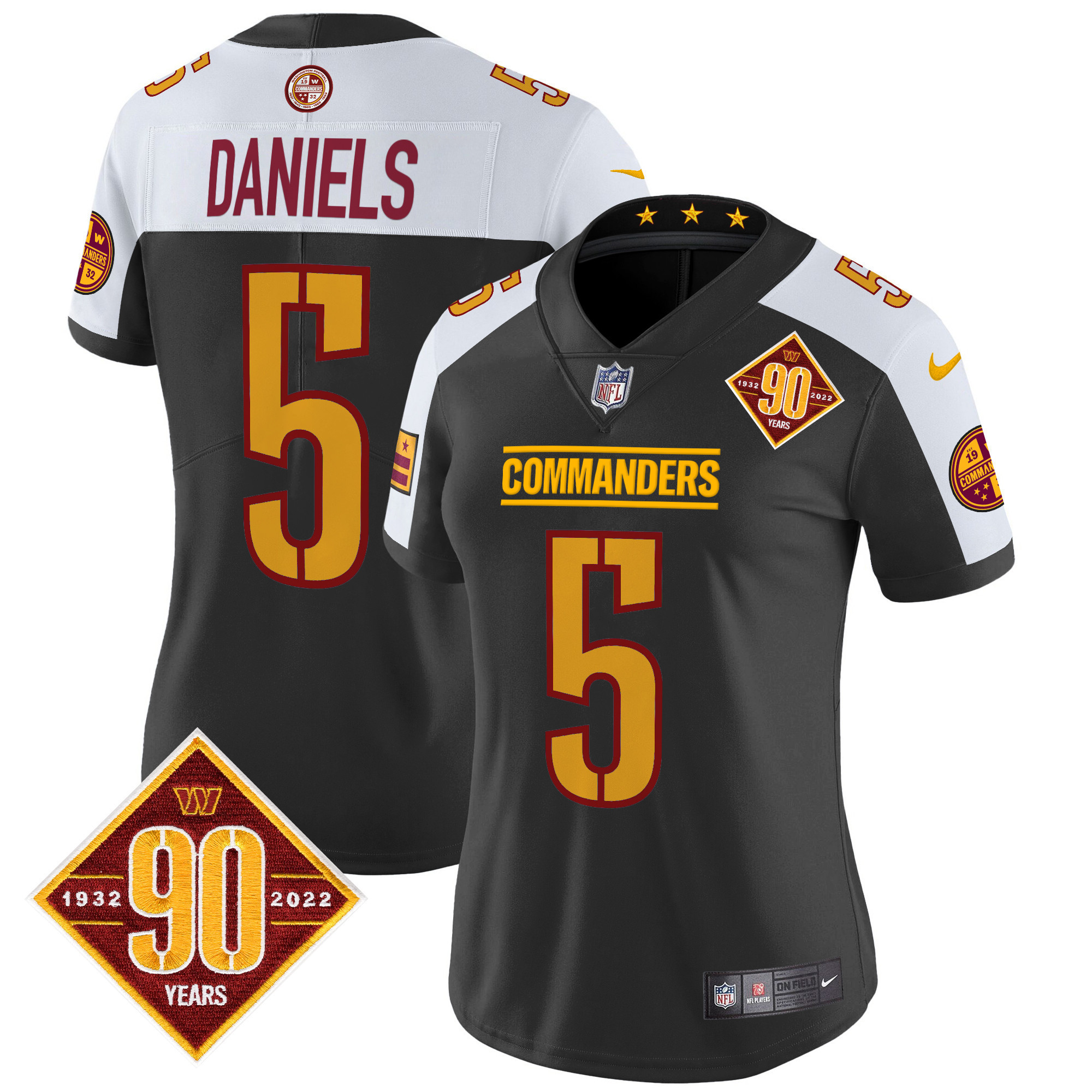 Jayden Daniels Women's Washington Commanders 90th Anniversary Patch Vapor Limited Black Alternate Jersey - All Stitched