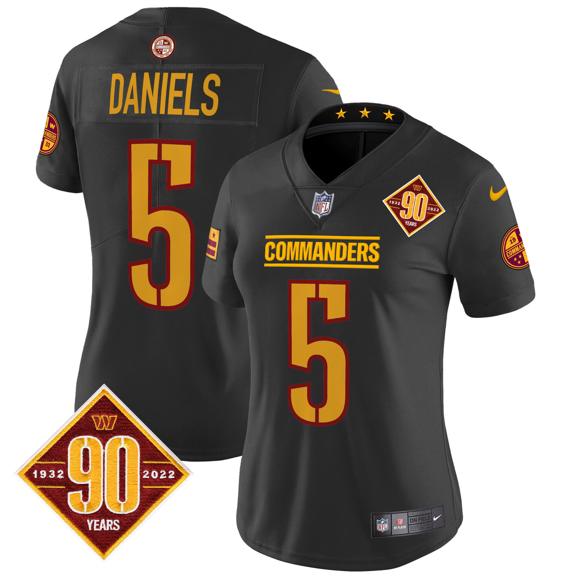 Jayden Daniels Women's Washington Commanders 90th Anniversary Patch Vapor Limited Black Jersey - All Stitched