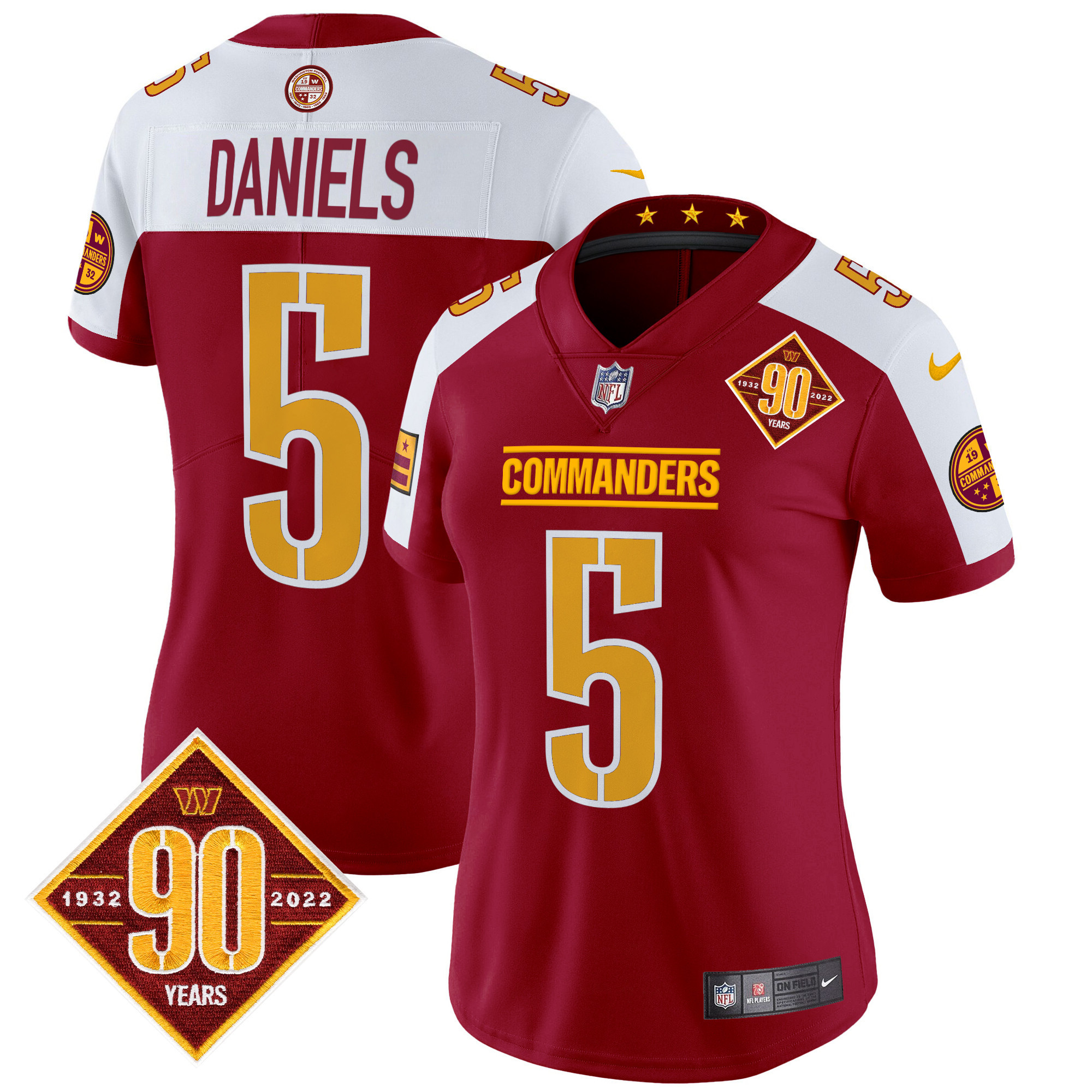 Jayden Daniels Women's Washington Commanders 90th Anniversary Patch Vapor Limited Burgundy Alternate Jersey - All Stitched