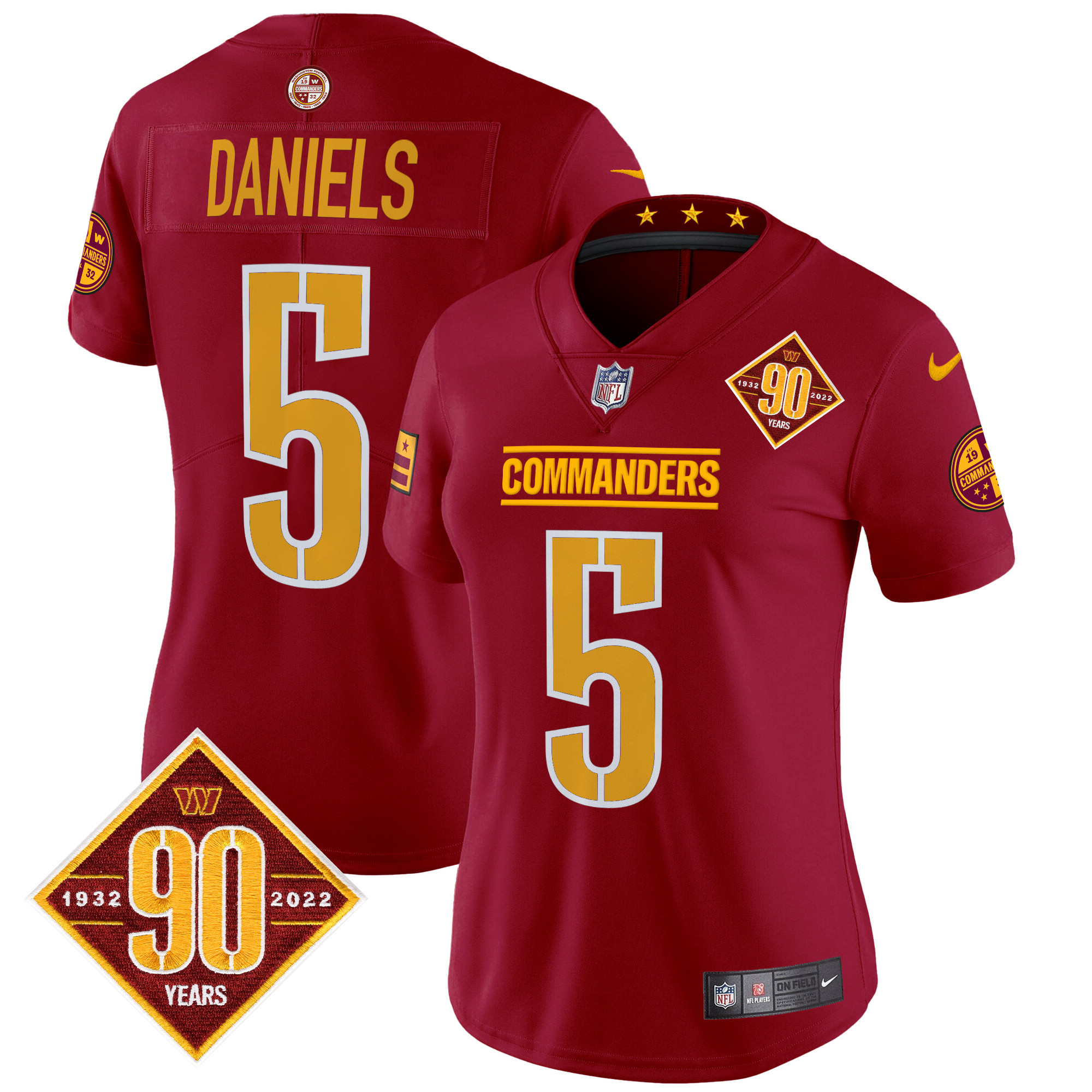 Jayden Daniels Women's Washington Commanders 90th Anniversary Patch Vapor Limited Burgundy Jersey - All Stitched