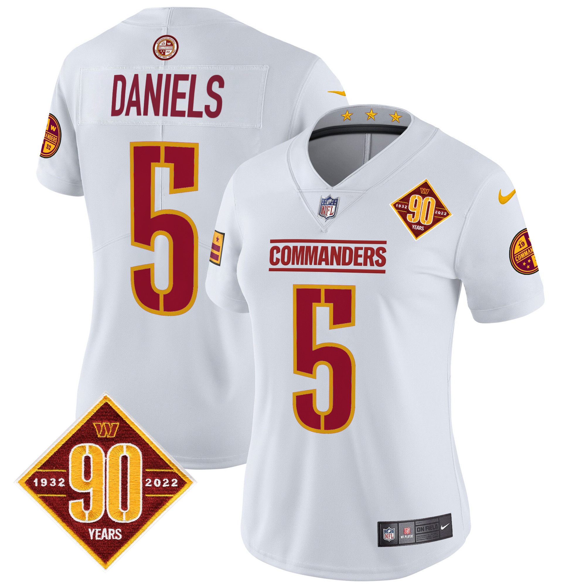 Jayden Daniels Women's Washington Commanders 90th Anniversary Patch Vapor Limited White Jersey - All Stitched