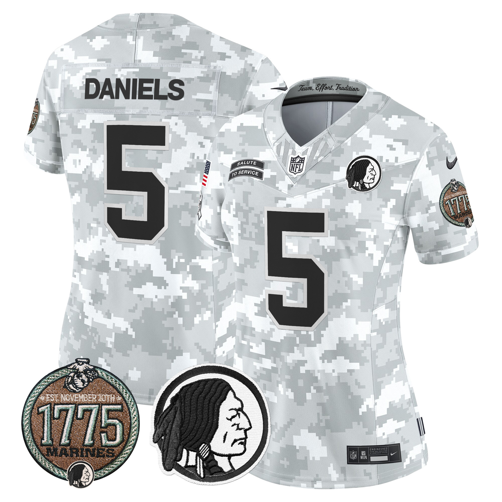 Jayden Daniels Women's Washington Redskins 2024 Salute to Service Establishment Year Patch Vapor Limited Marines Jersey - All Stitched