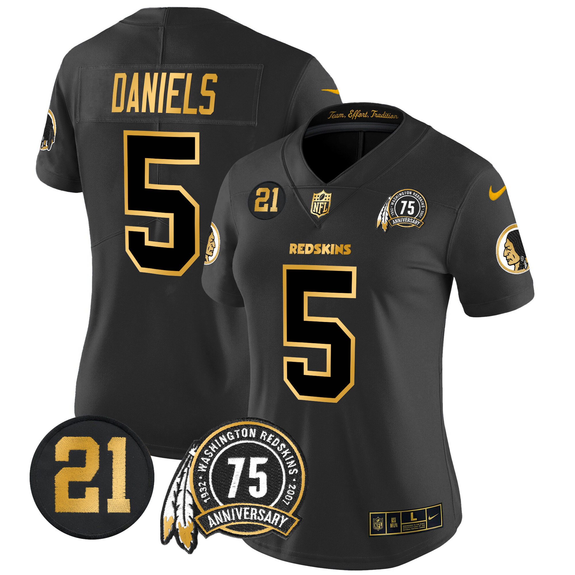 Jayden Daniels Women's Washington Redskins 75th & Sean Taylor Patch Gold Vapor Limited Black Gold Jersey - All Stitched