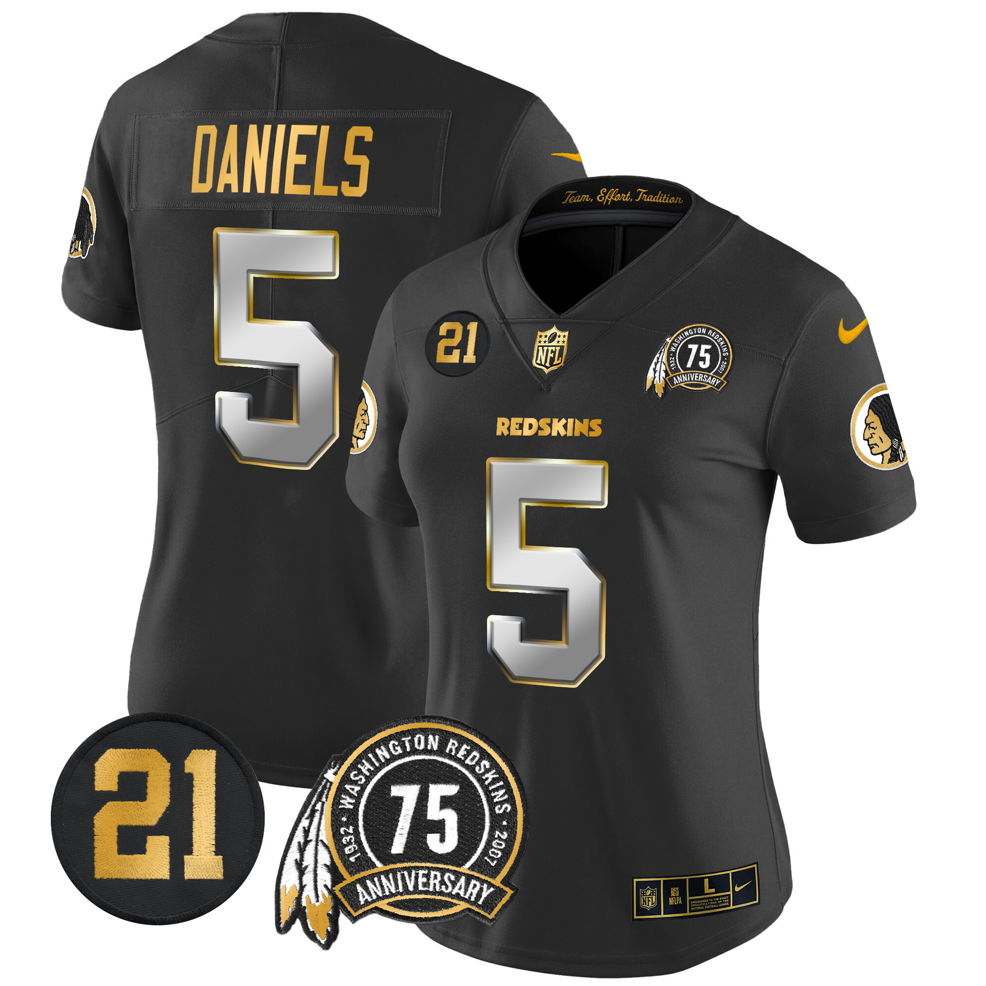 Jayden Daniels Women's Washington Redskins 75th & Sean Taylor Patch Gold Vapor Limited Black Limited Jersey - All Stitched