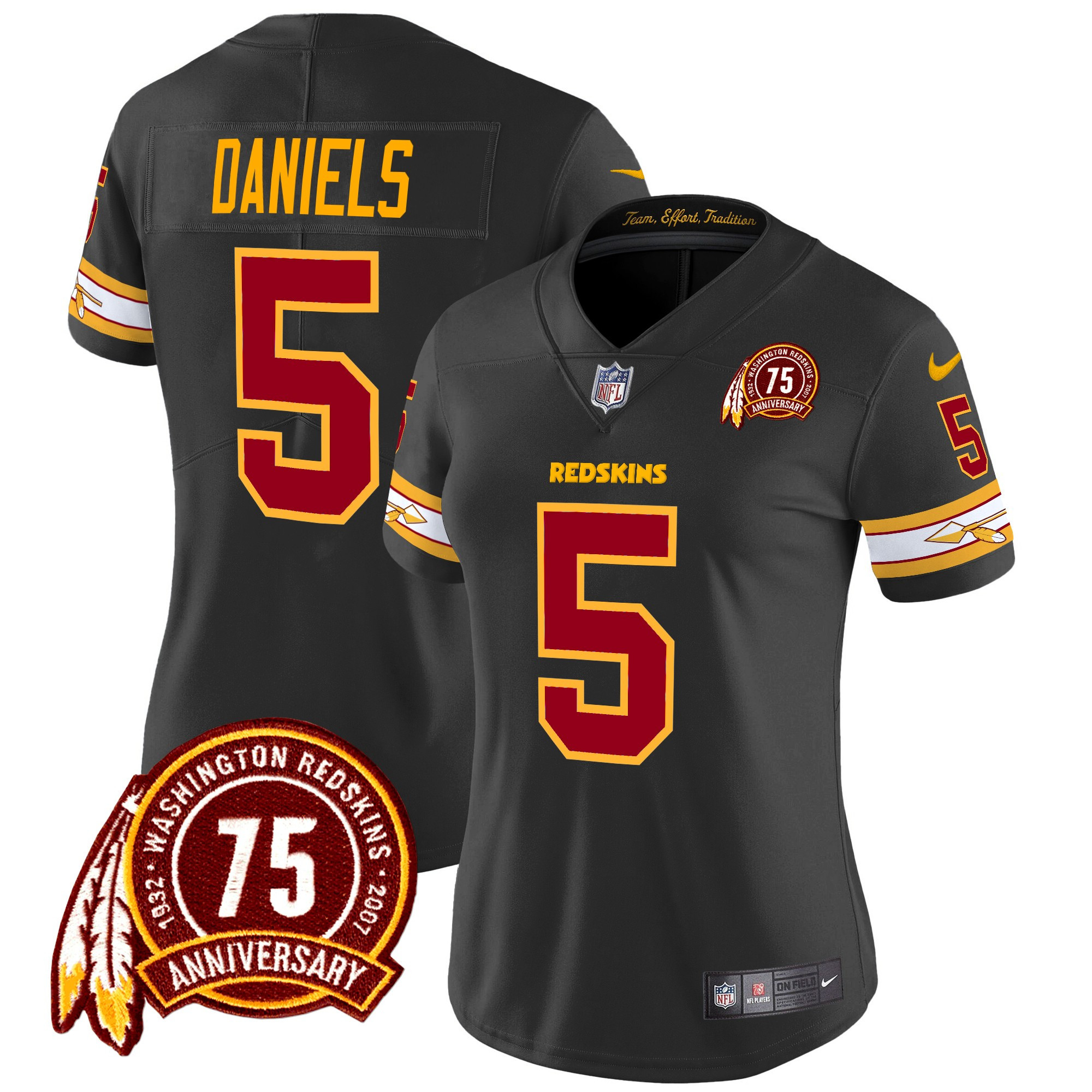 Jayden Daniels Women's Washington Redskins 75th Patch Vapor Limited Black Jersey - All Stitched
