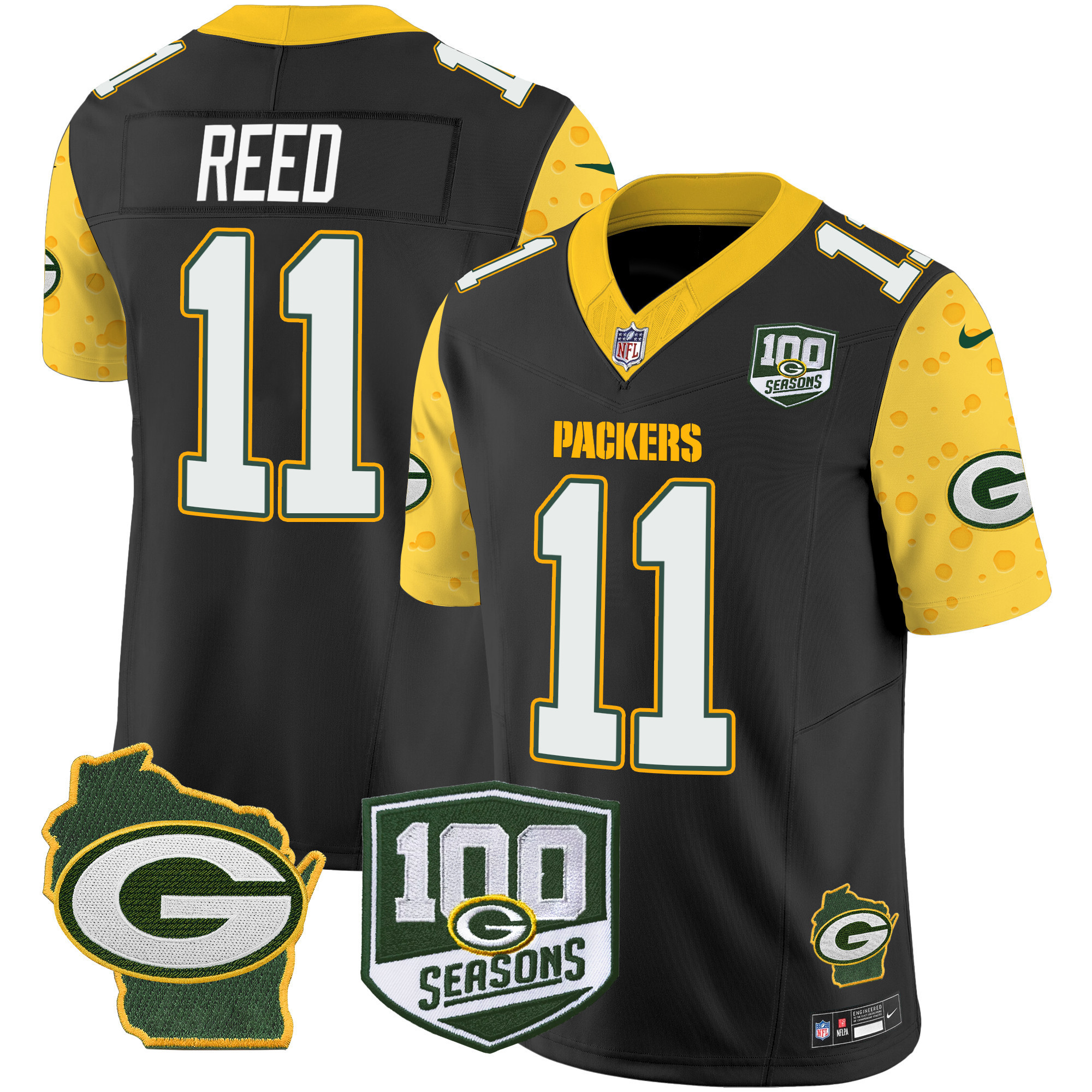 Jayden Reed Men's Green Bay Packers 100th Season & Home Patch Cheese Vapor Limited Jersey Ã¢â‚¬â€œ All Stitched Black Jersey - All Stitched