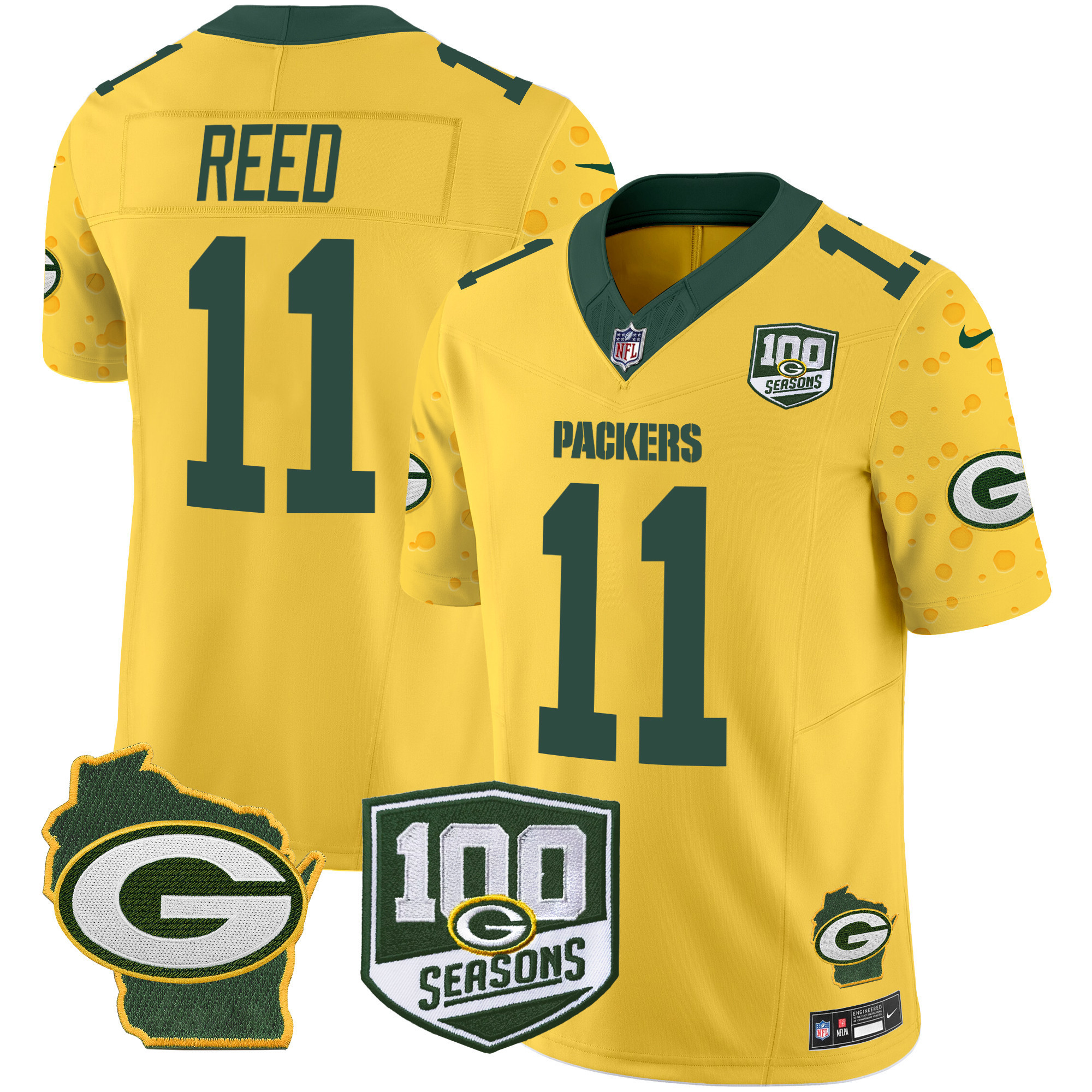 Jayden Reed Men's Green Bay Packers 100th Season & Home Patch Cheese Vapor Limited Jersey Ã¢â‚¬â€œ All Stitched Gold Jersey - All Stitched