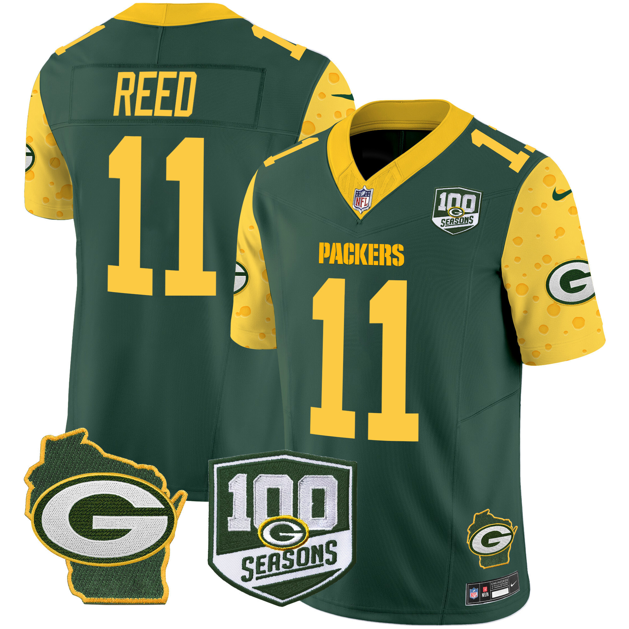 Jayden Reed Men's Green Bay Packers 100th Season & Home Patch Cheese Vapor Limited Jersey ÃƒÂ¢Ã¢â€šÂ¬Ã¢â‚¬Å“ All Stitched Green Jersey - All Stitched