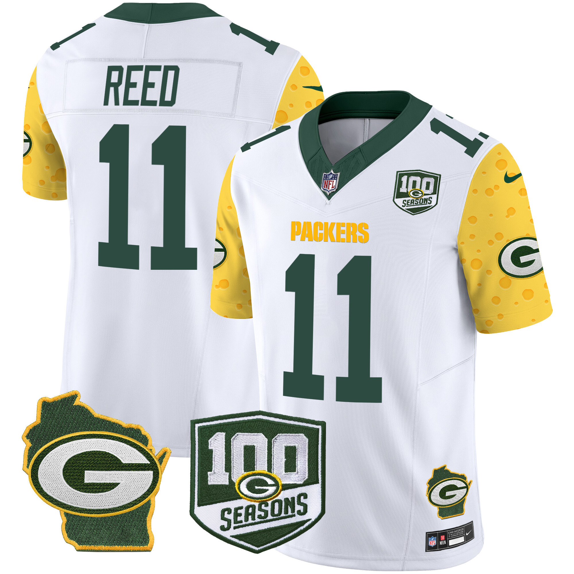 Jayden Reed Men's Green Bay Packers 100th Season & Home Patch Cheese Vapor Limited Jersey Ã¢â‚¬â€œ All Stitched White Jersey - All Stitched