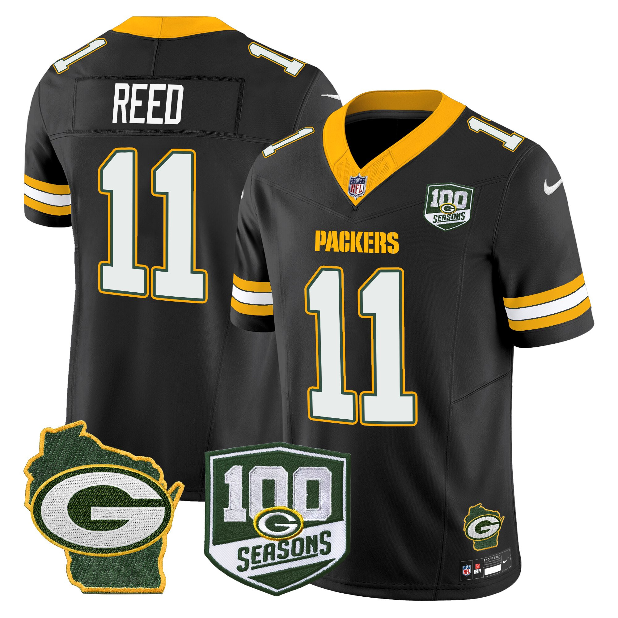 Jayden Reed Men's Green Bay Packers 100th Season & Home Patch Vapor Limited Black Jersey - All Stitched
