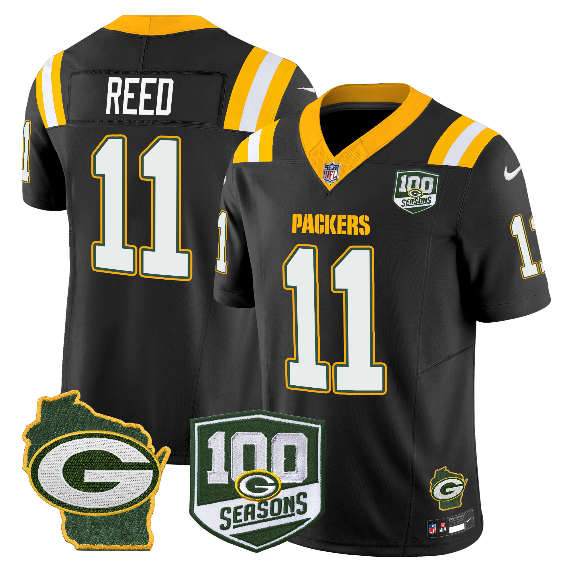 Jayden Reed Men's Green Bay Packers 100th Season & Home Patch Vapor Limited Black Jersey - All Stitched