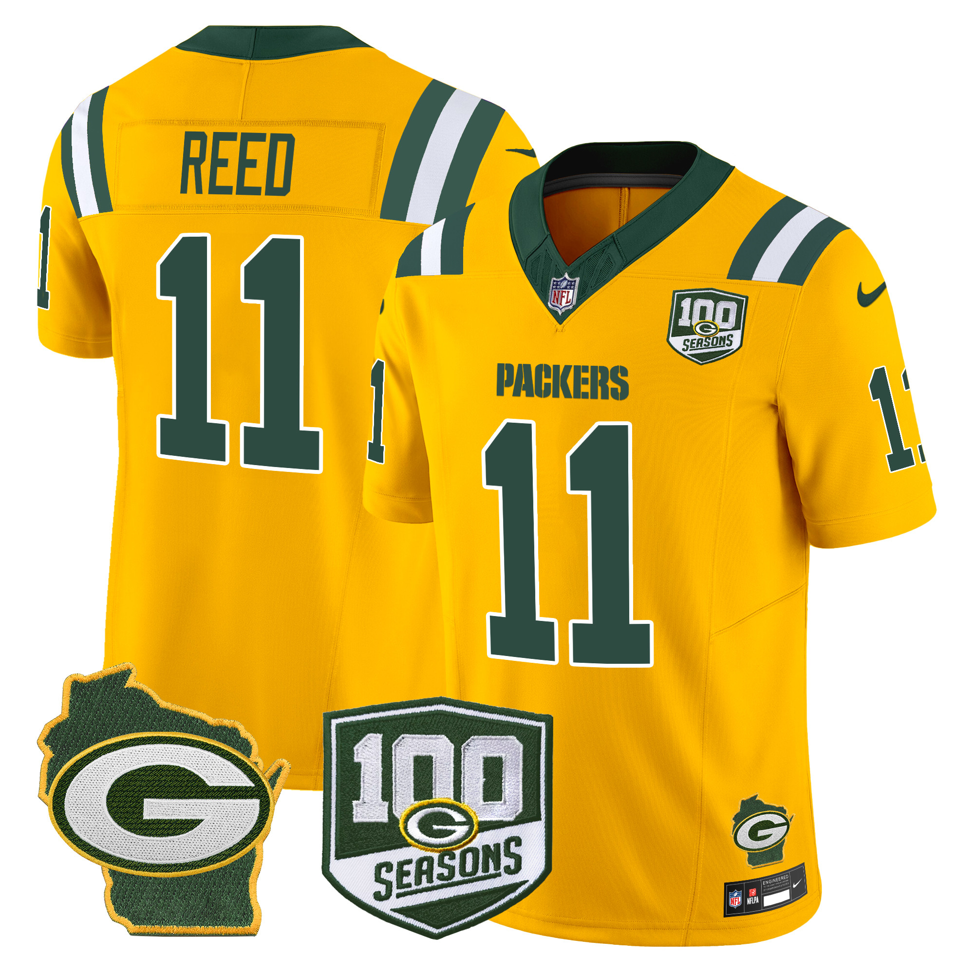 Jayden Reed Men's Green Bay Packers 100th Season & Home Patch Vapor Limited Gold Jersey - All Stitched