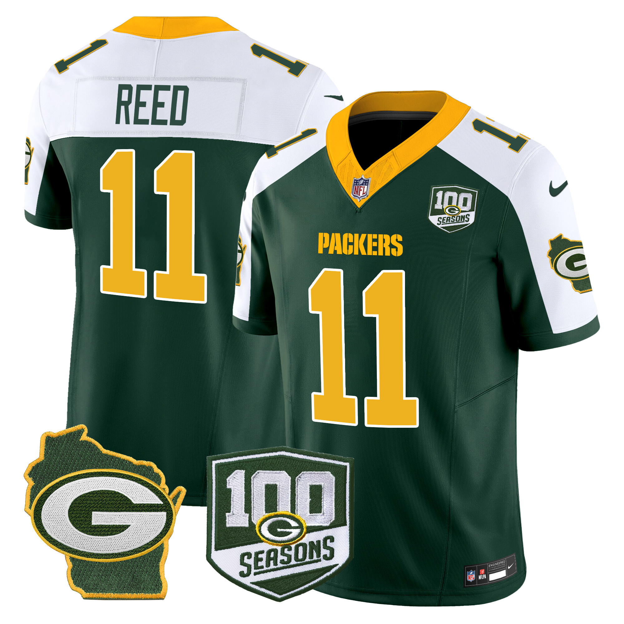 Jayden Reed Men's Green Bay Packers 100th Season & Home Patch Vapor Limited Green Alternate Jersey - All Stitched