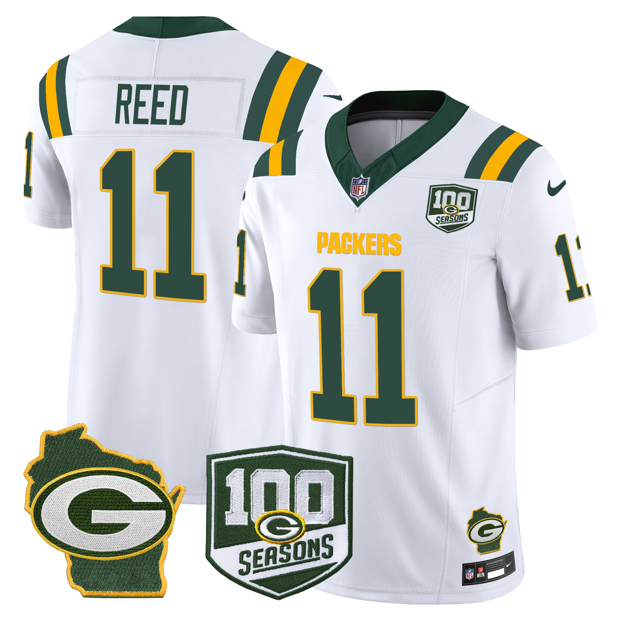 Jayden Reed Men's Green Bay Packers 100th Season & Home Patch Vapor Limited White Jersey - All Stitched