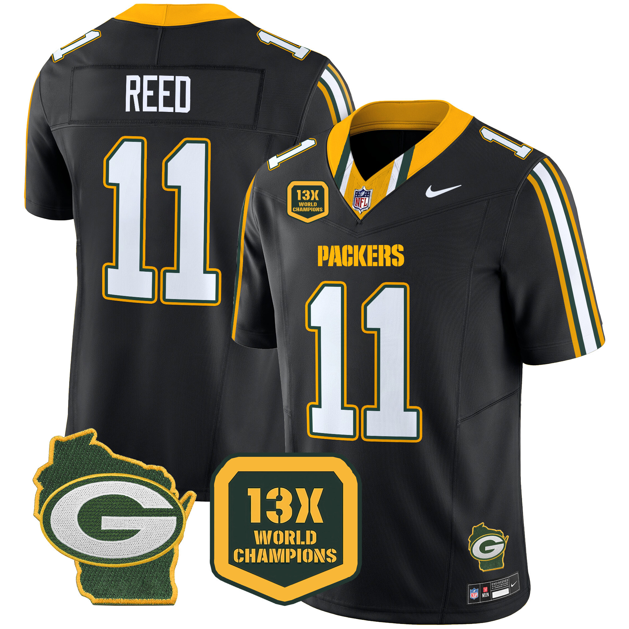 Jayden Reed Men's Green Bay Packers 13 Time World Champions & Home Patch Vapor Limited Jersey Ã¢â‚¬â€œ All Stitched Black Jersey - All Stitched