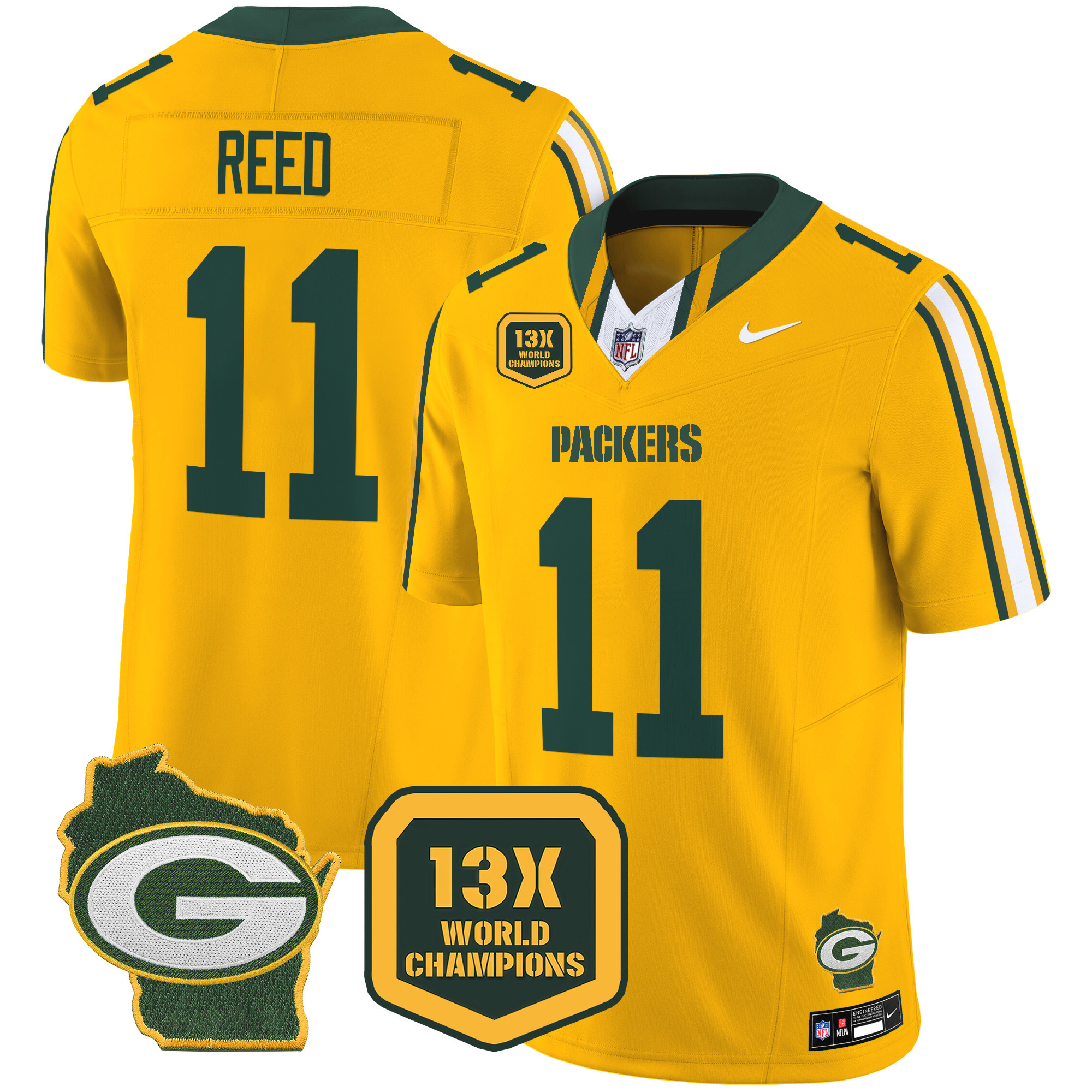 Jayden Reed Men's Green Bay Packers 13 Time World Champions & Home Patch Vapor Limited Jersey ÃƒÂ¢Ã¢â€šÂ¬Ã¢â‚¬Å“ All Stitched Gold Jersey - All Stitched