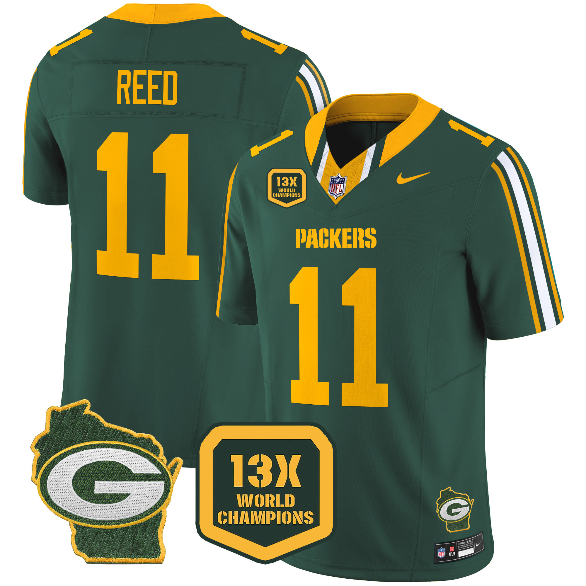 Jayden Reed Men's Green Bay Packers 13 Time World Champions & Home Patch Vapor Limited Jersey Ã¢â‚¬â€œ All Stitched Green Jersey - All Stitched