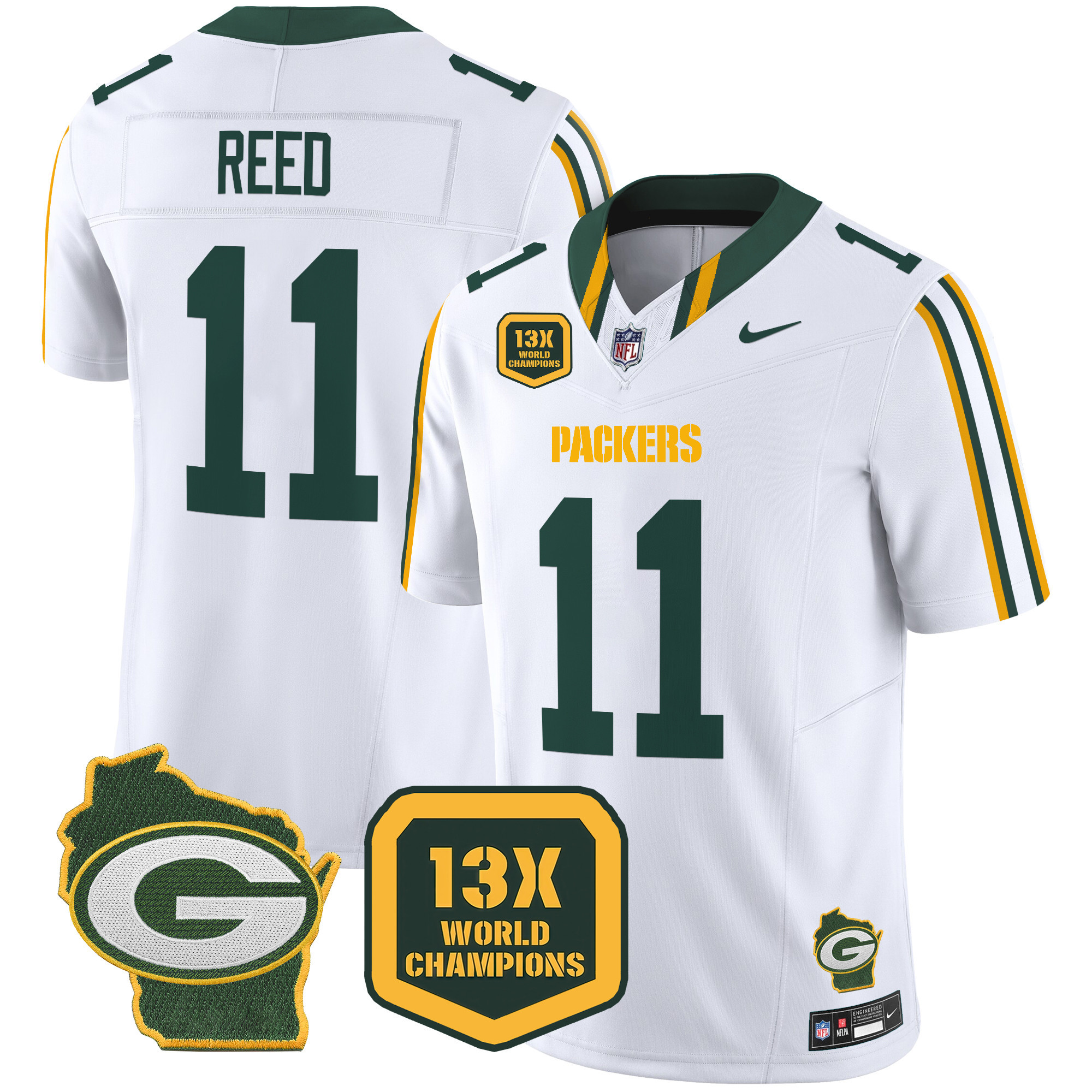 Jayden Reed Men's Green Bay Packers 13 Time World Champions & Home Patch Vapor Limited Jersey Ã¢â‚¬â€œ All Stitched White Jersey - All Stitched