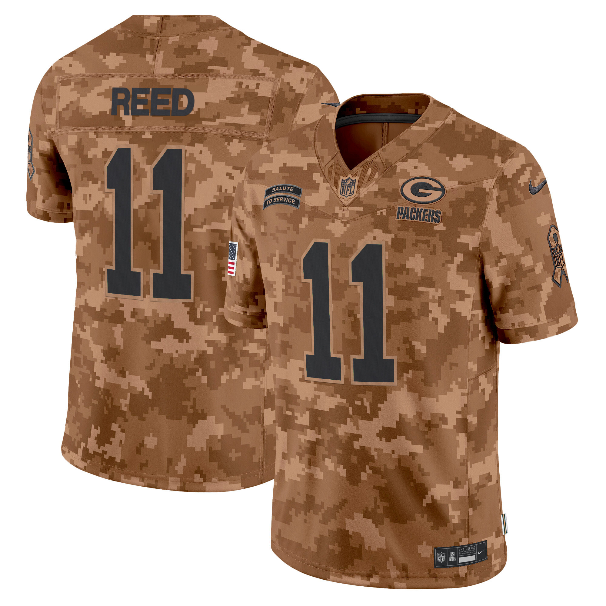 Jayden Reed Men's Green Bay Packers 2024 Salute to Service Vapor Limited Brown Camo Jersey - All Stitched