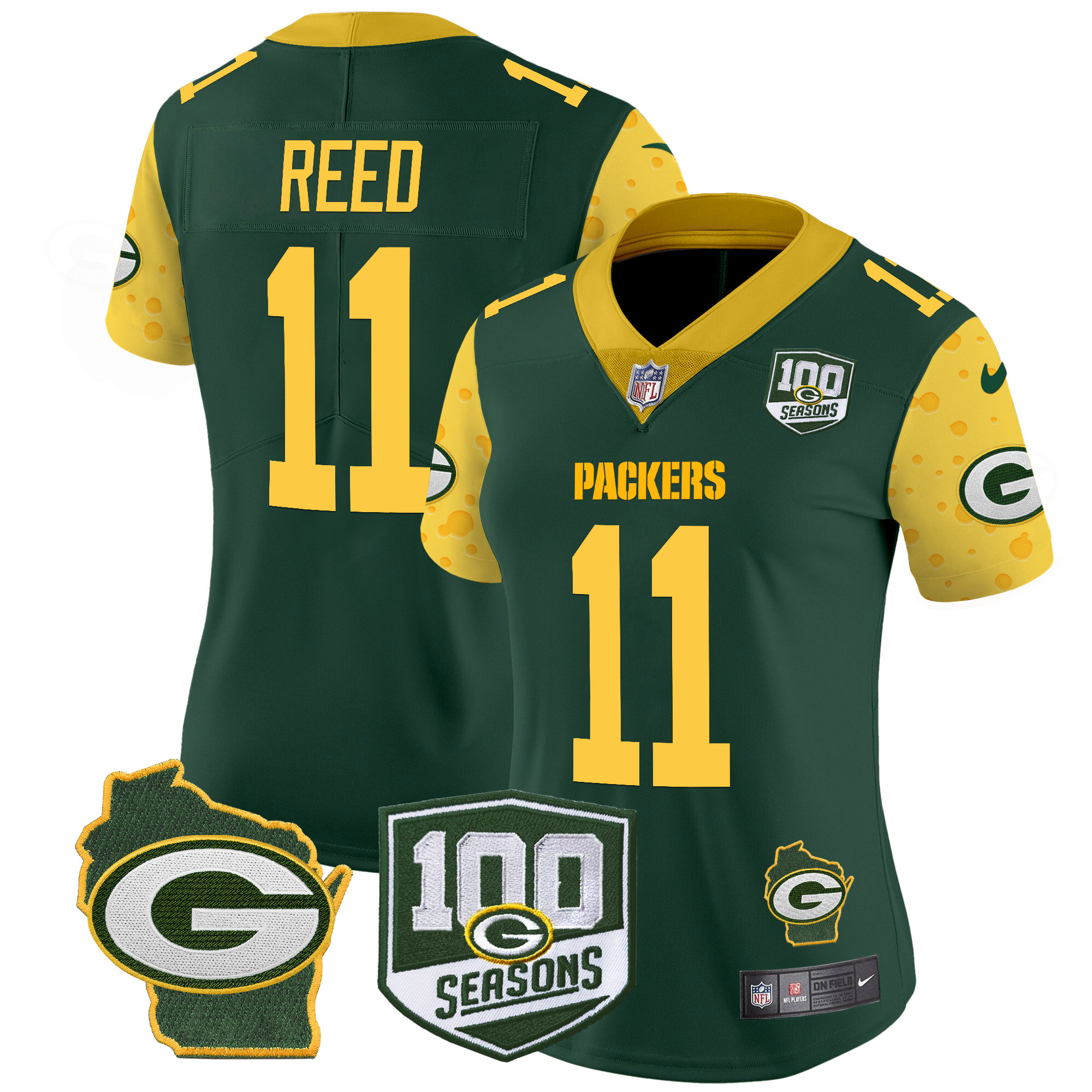 Jayden Reed Women's Green Bay Packers 100th Season & Home Patch Cheese Vapor Limited Jersey Ã¢â‚¬â€œ All Stitched Green Jersey - All Stitched
