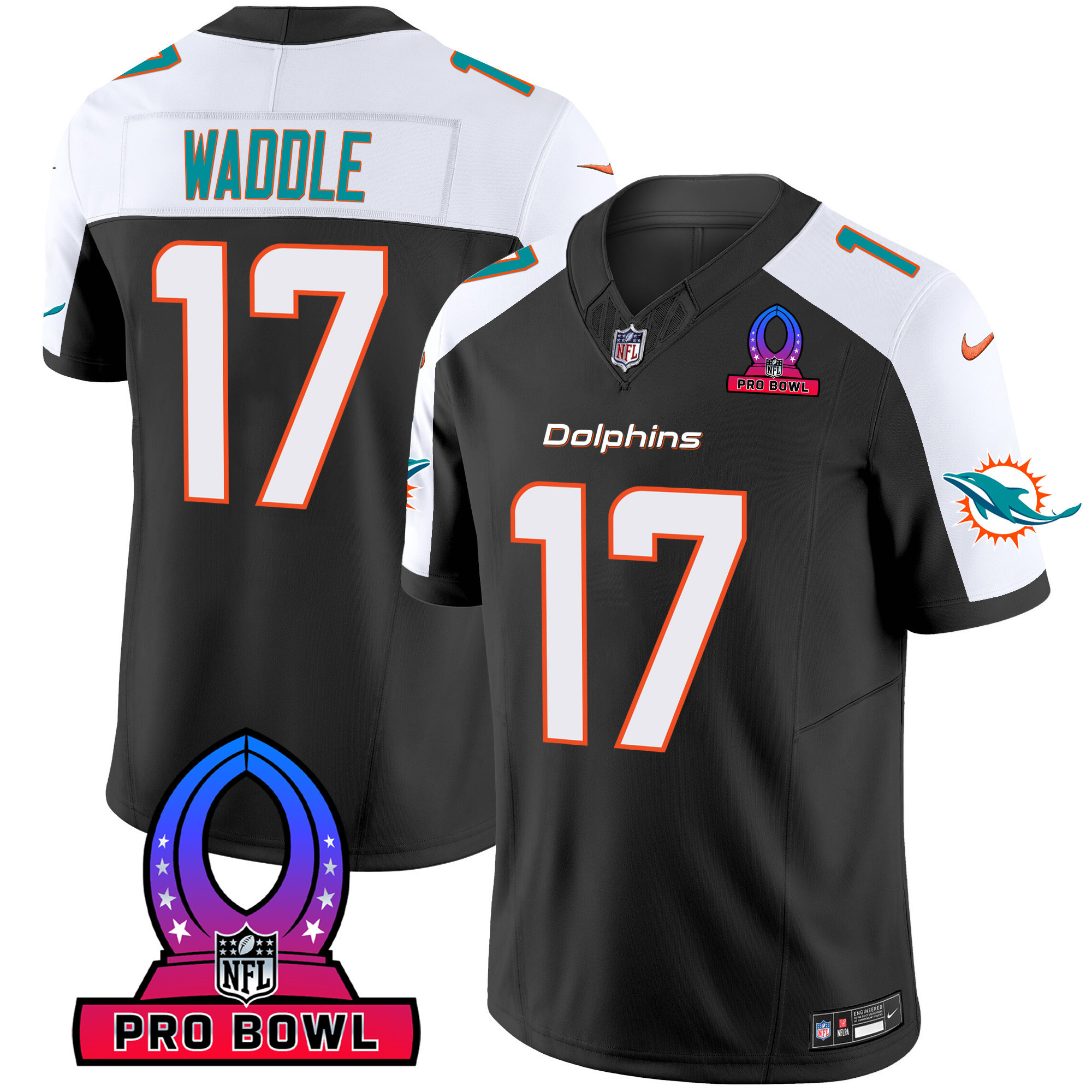 Jaylen Waddle Men's Miami Dolphins 2024 Pro Bowl Patch Vapor Black Alternate Jersey - All Stitched