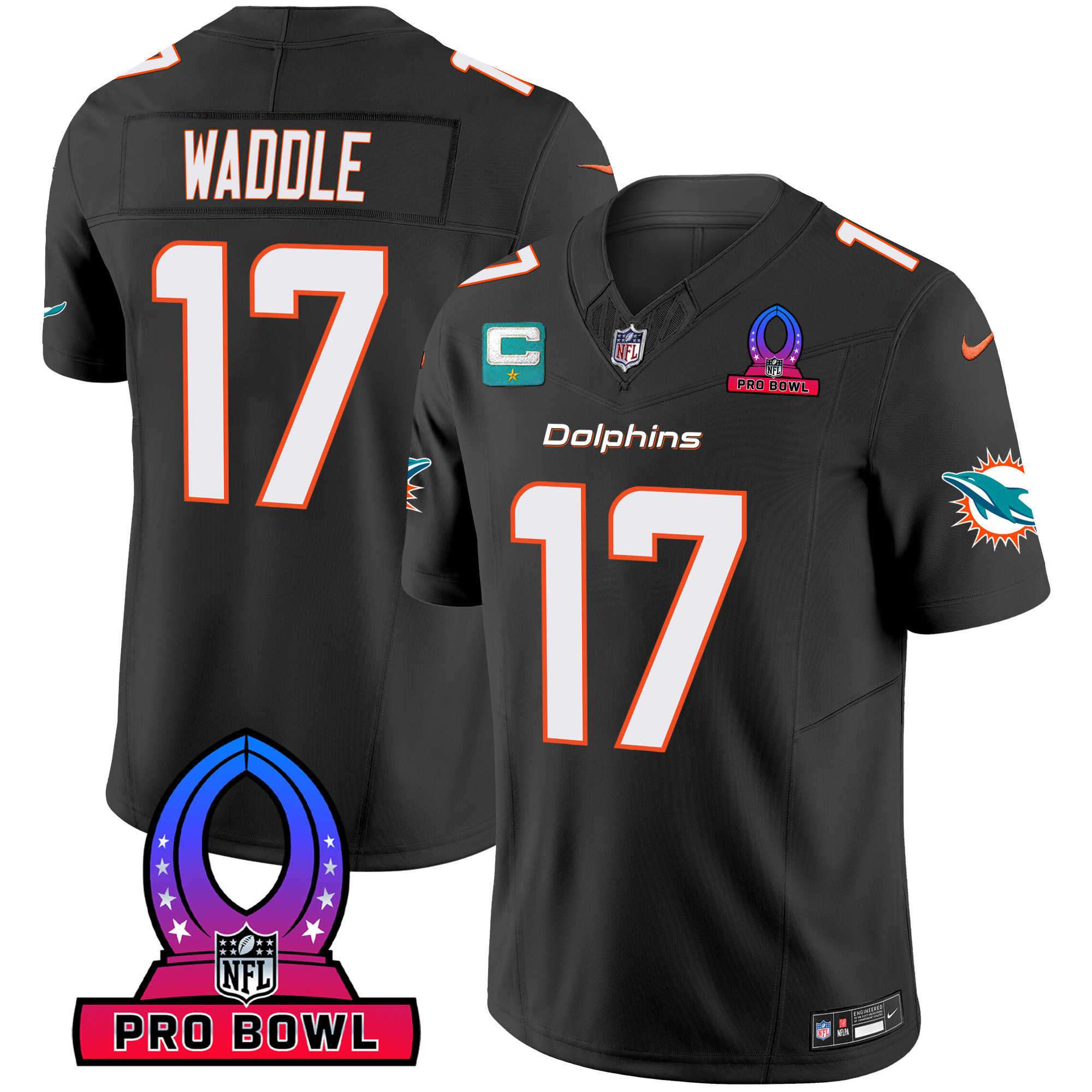 Jaylen Waddle Men's Miami Dolphins 2024 Pro Bowl Patch Vapor Black Jersey - All Stitched