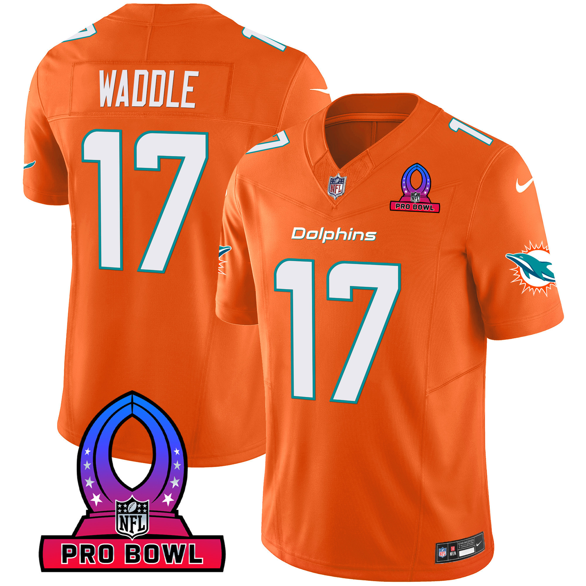 Jaylen Waddle Men's Miami Dolphins 2024 Pro Bowl Patch Vapor Orange Jersey - All Stitched