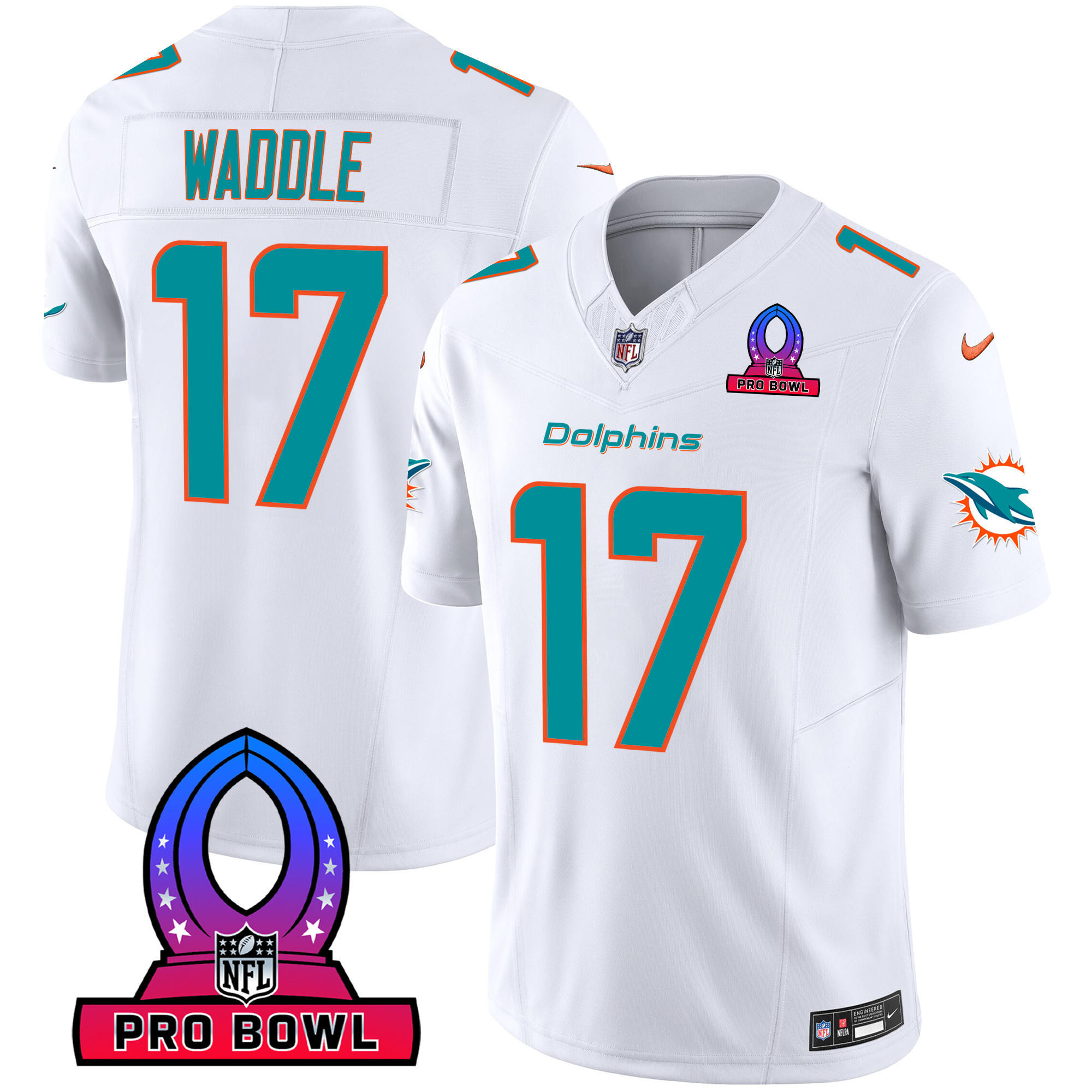 Jaylen Waddle Men's Miami Dolphins 2024 Pro Bowl Patch Vapor White Jersey - All Stitched