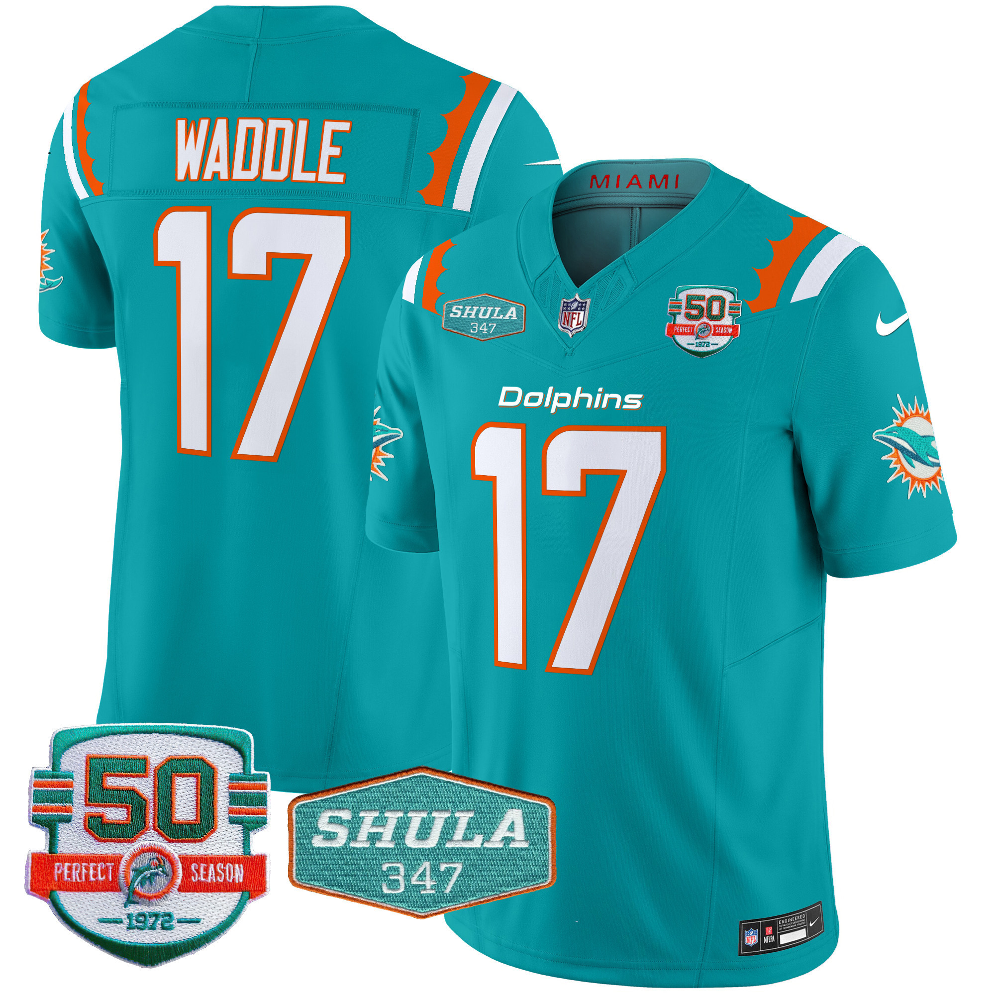 Jaylen Waddle Men's Miami Dolphins 50th & Don Shula 347 Memorial Patch Vapor Limited Aqua Jersey - All Stitched