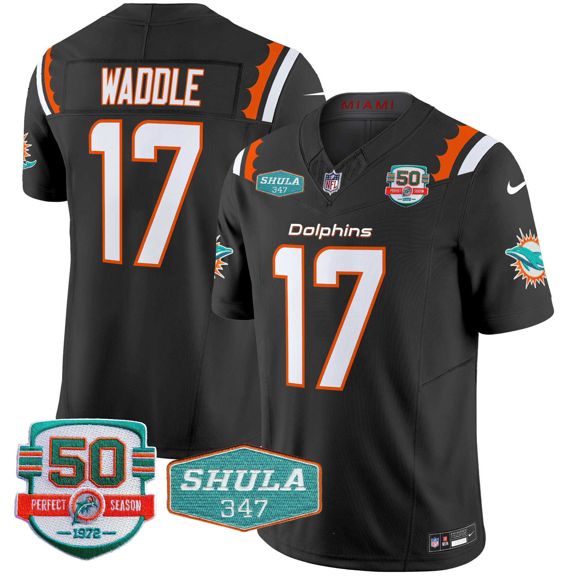 Jaylen Waddle Men's Miami Dolphins 50th & Don Shula 347 Memorial Patch Vapor Limited Black Jersey - All Stitched