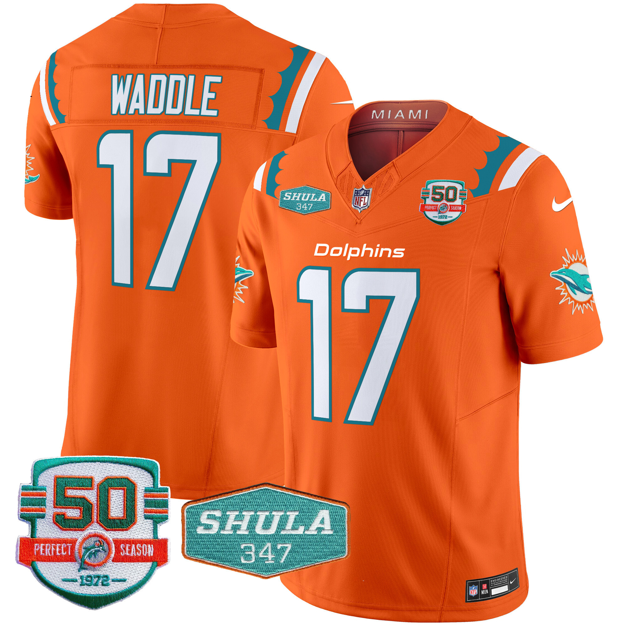 Jaylen Waddle Men's Miami Dolphins 50th & Don Shula 347 Memorial Patch Vapor Limited Orange Jersey - All Stitched