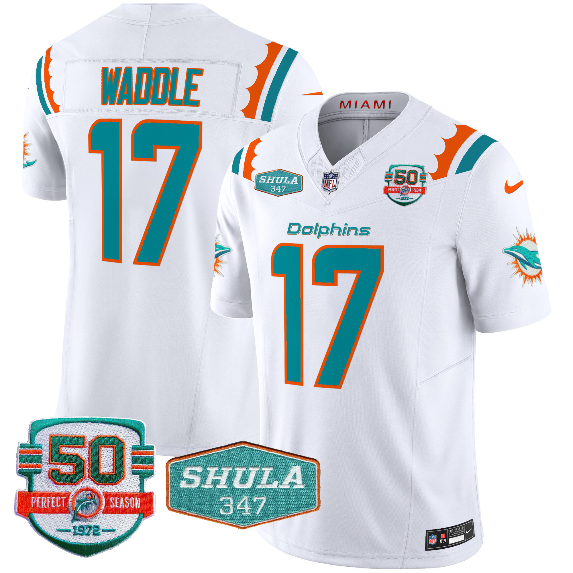 Jaylen Waddle Men's Miami Dolphins 50th & Don Shula 347 Memorial Patch Vapor Limited White Jersey - All Stitched