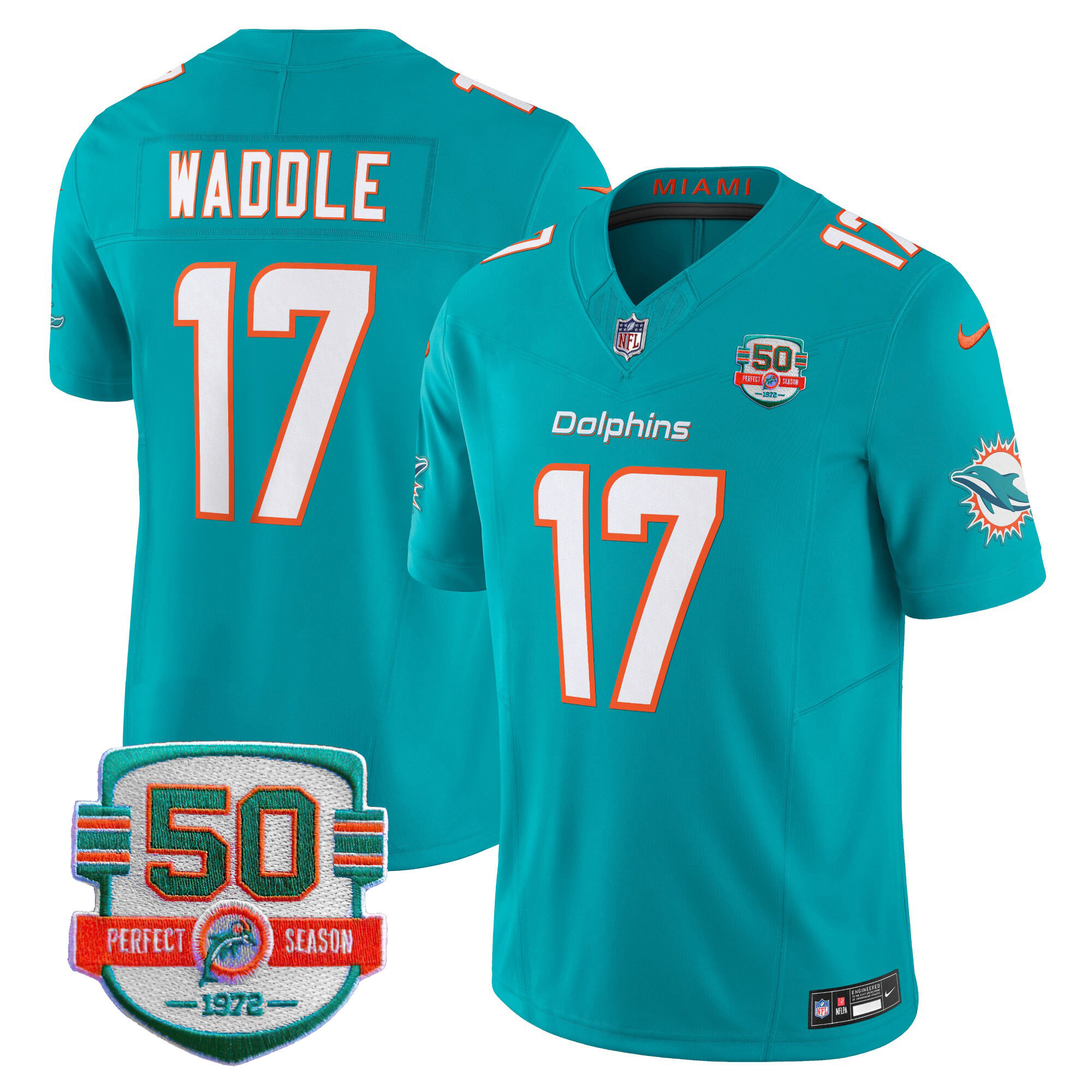 Jaylen Waddle Men's Miami Dolphins 50th 1972 Perfect Season Patch Vapor Aqua Jersey - All Stitched