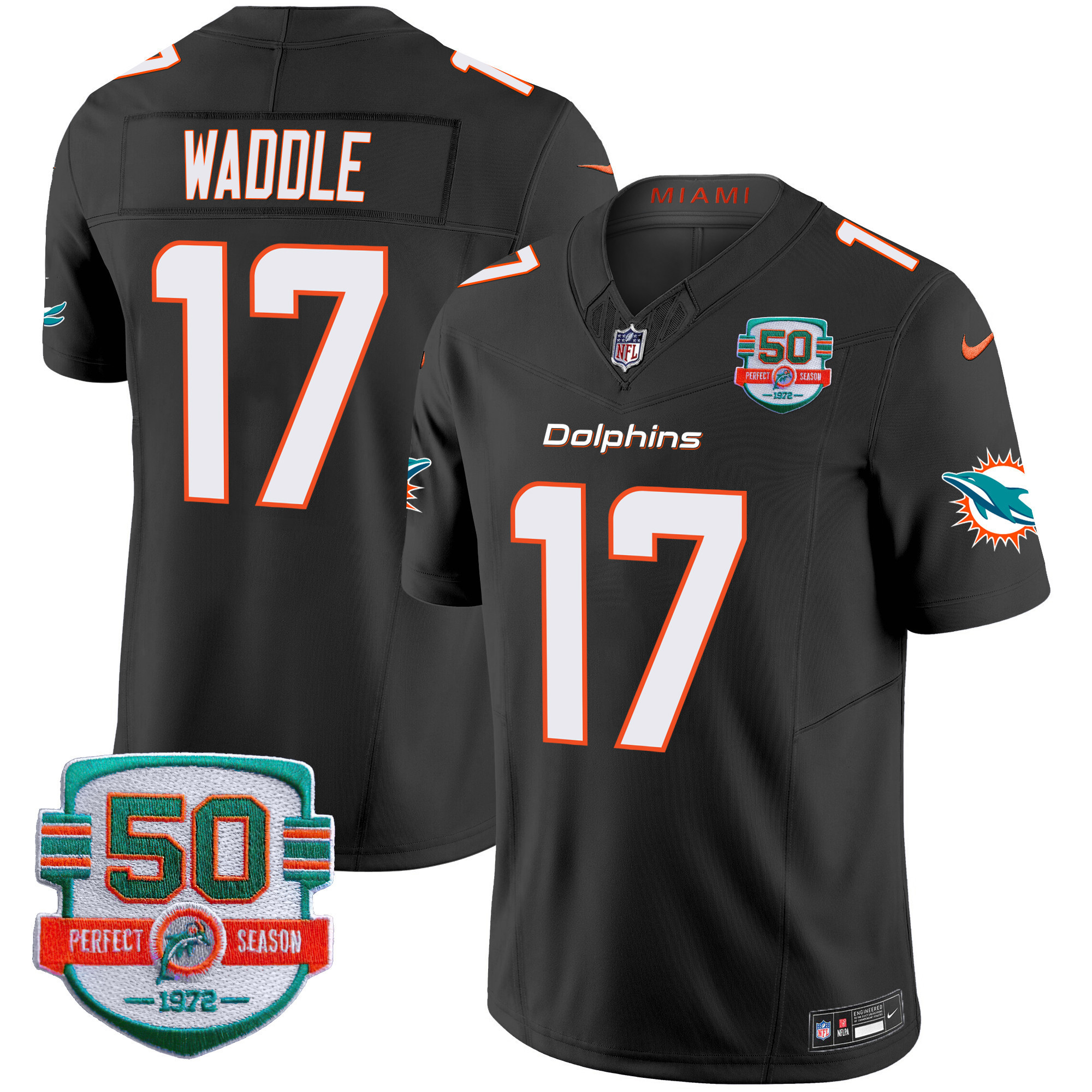 Jaylen Waddle Men's Miami Dolphins 50th 1972 Perfect Season Patch Vapor Black Jersey - All Stitched