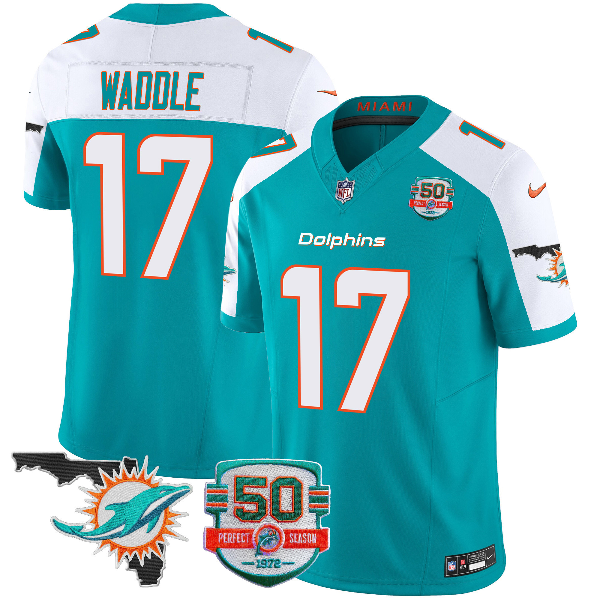 Jaylen Waddle Men's Miami Dolphins 50th Perfect Season & Florida Patch Vapor Aqua Alternate Jersey - All Stitched